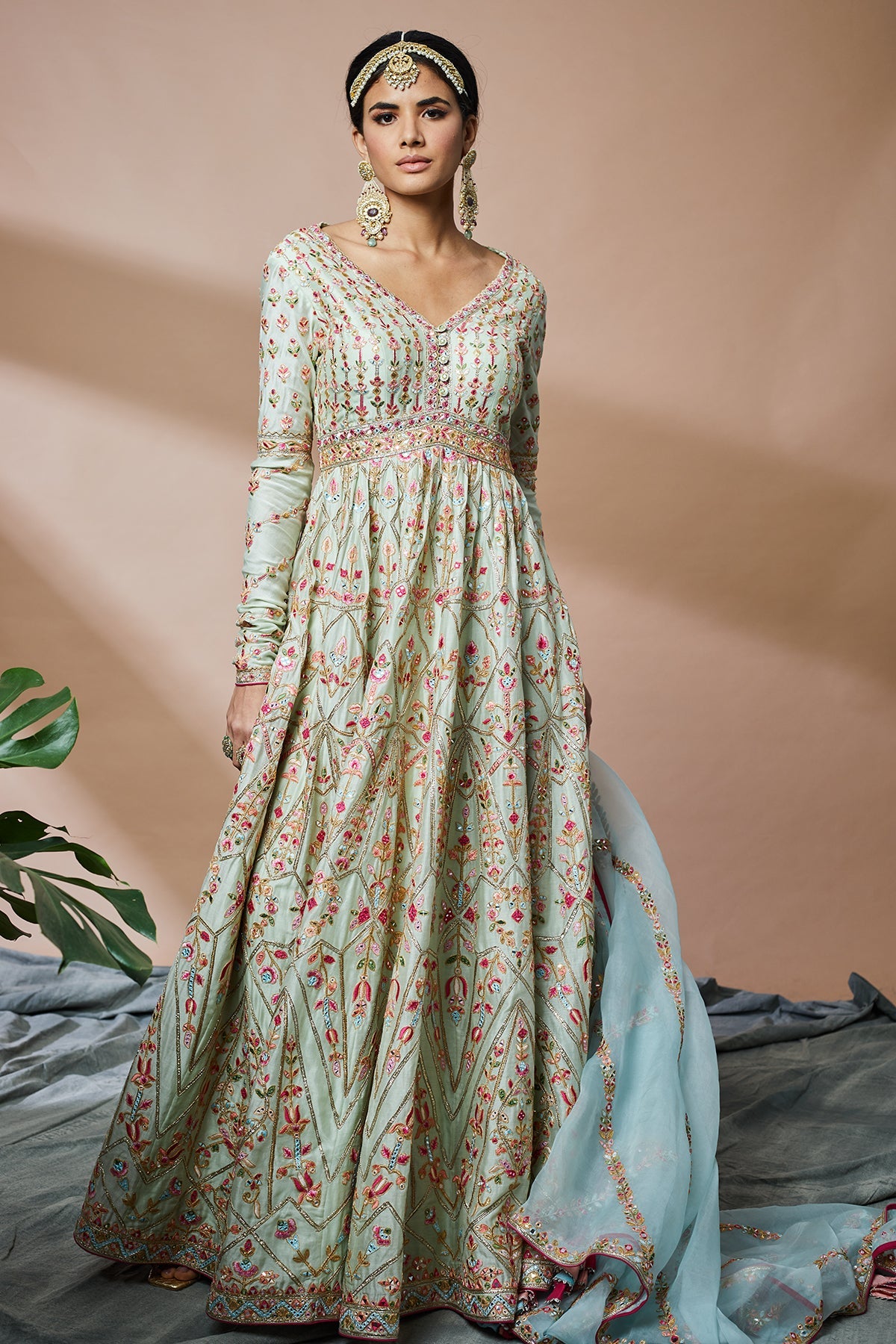 Green Georgette Anarkali With Blue Dupatta
