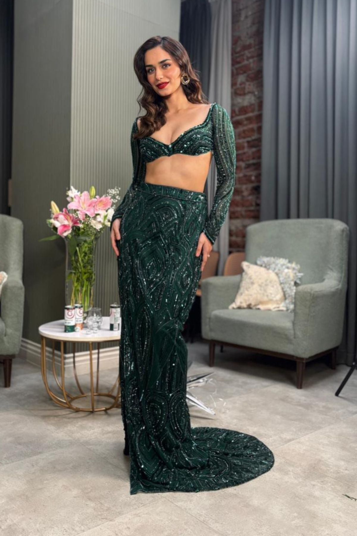 Manushi chillar in Emerald Green Embellished Slit Skirt Set