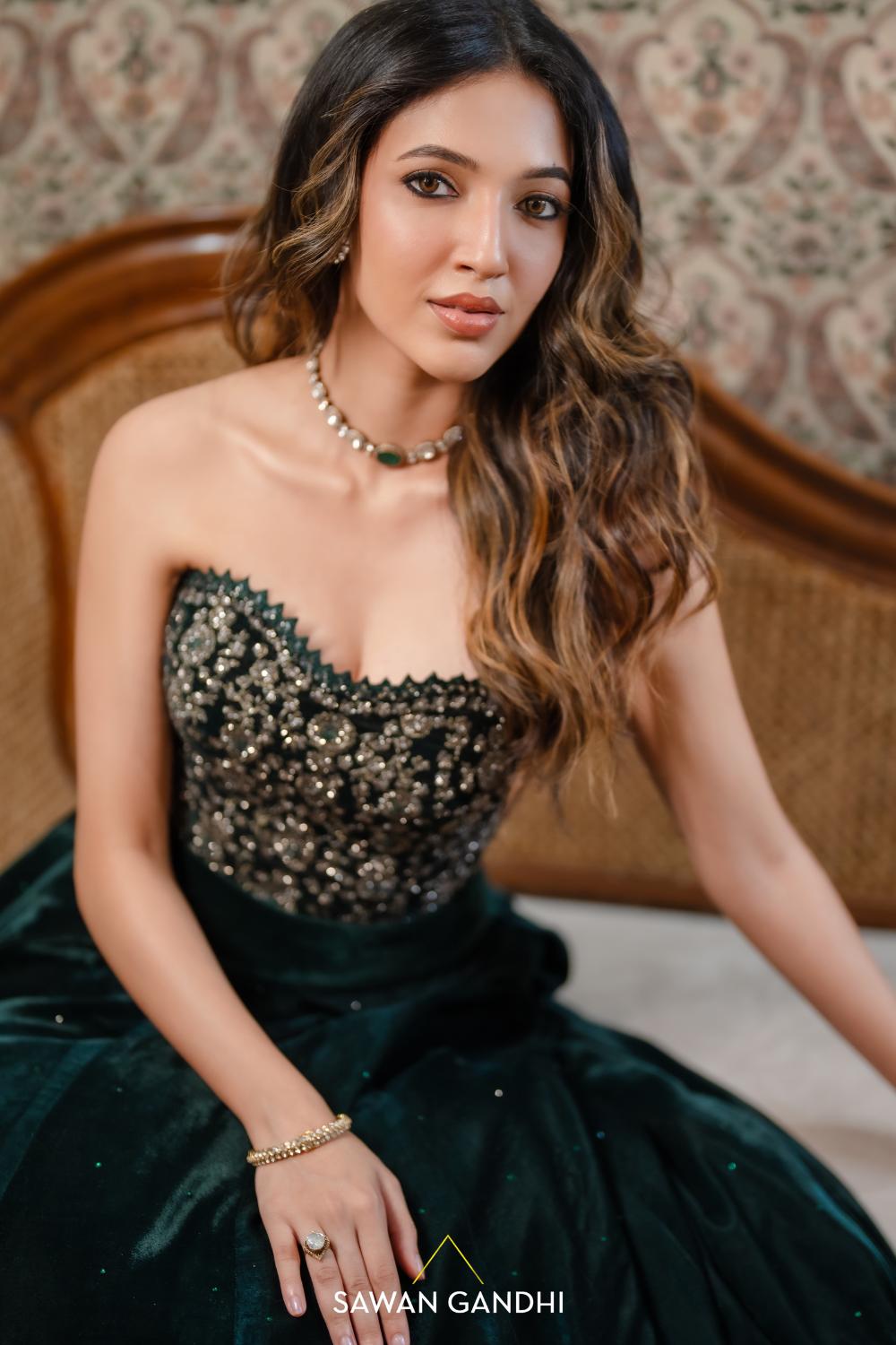 Neha Shetty in green velvet corset lehenga