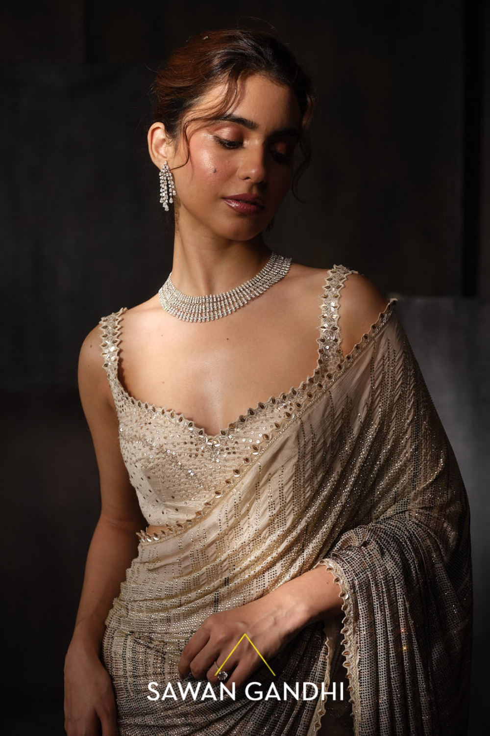 Ivory Swarovski saree