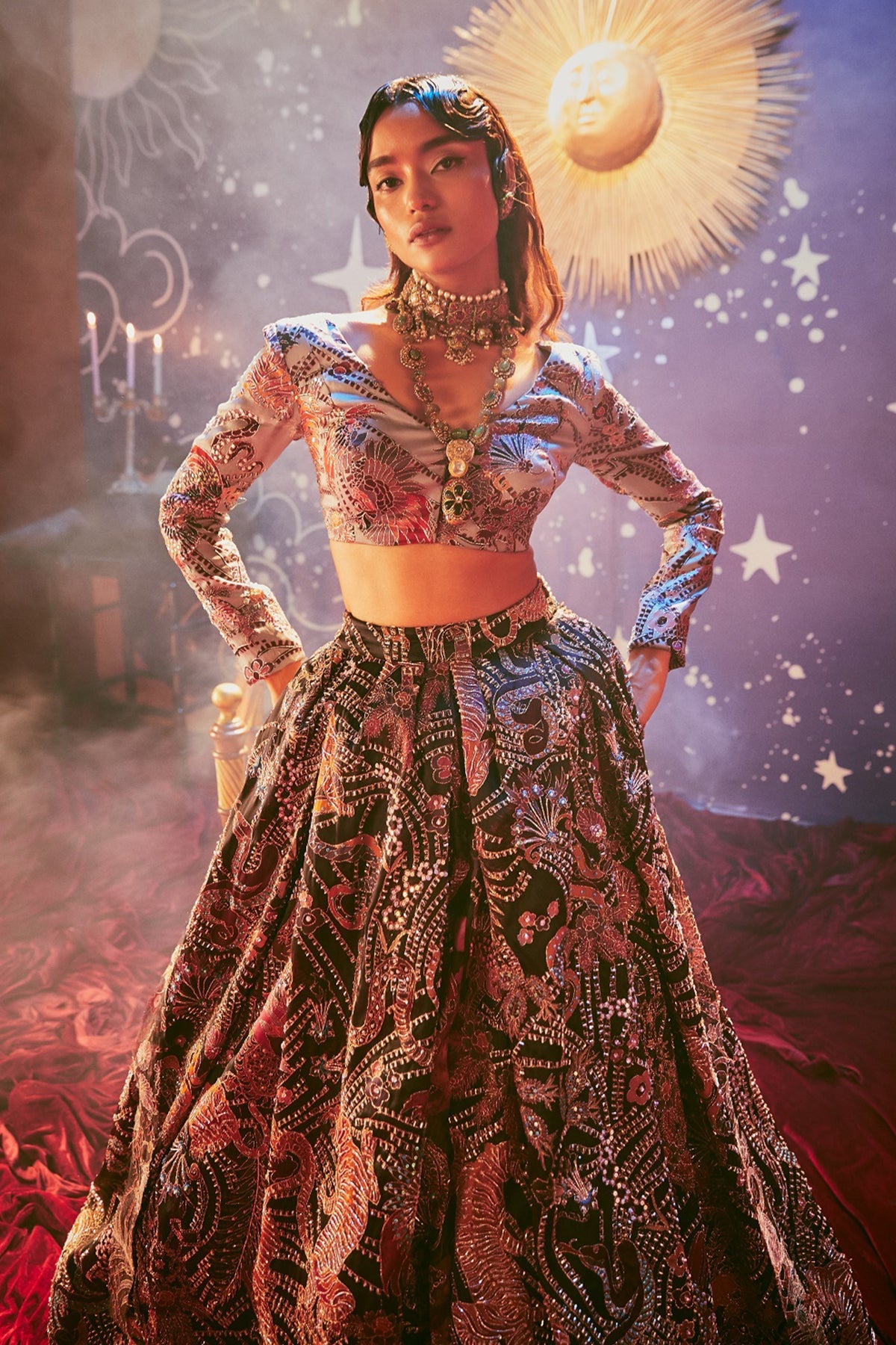 Morado - Black- Grey Organza Lehenga Set