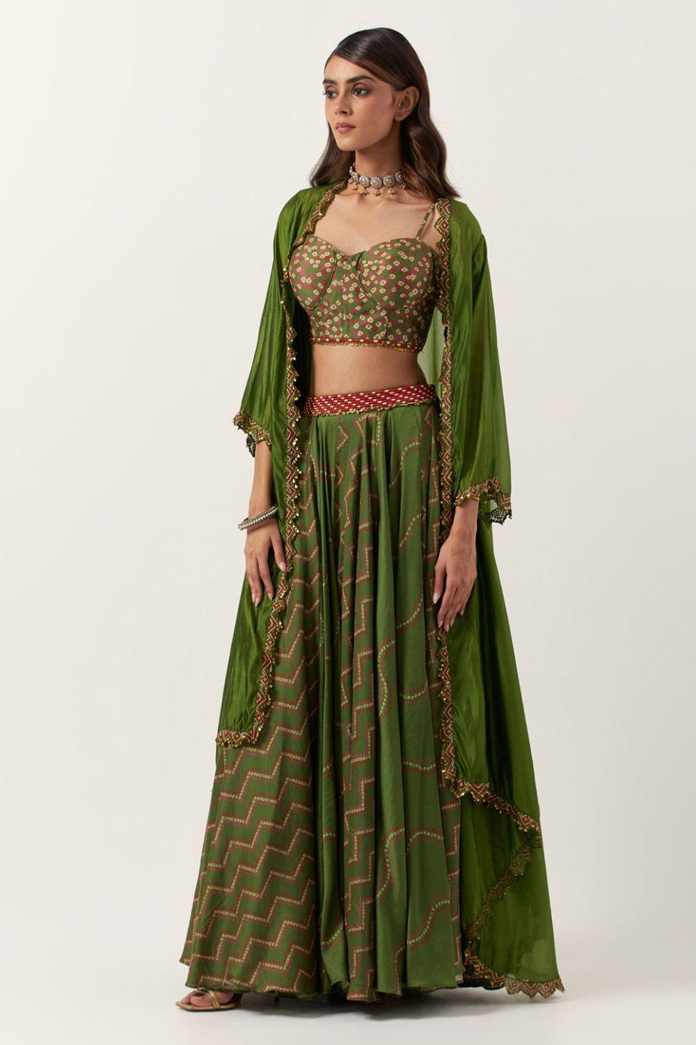 Titali Pickle Green Top Paired With Skirt & Cape - Ready To Ship
