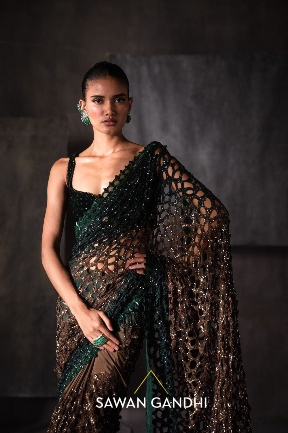 Green And Gold Cutwork Saree