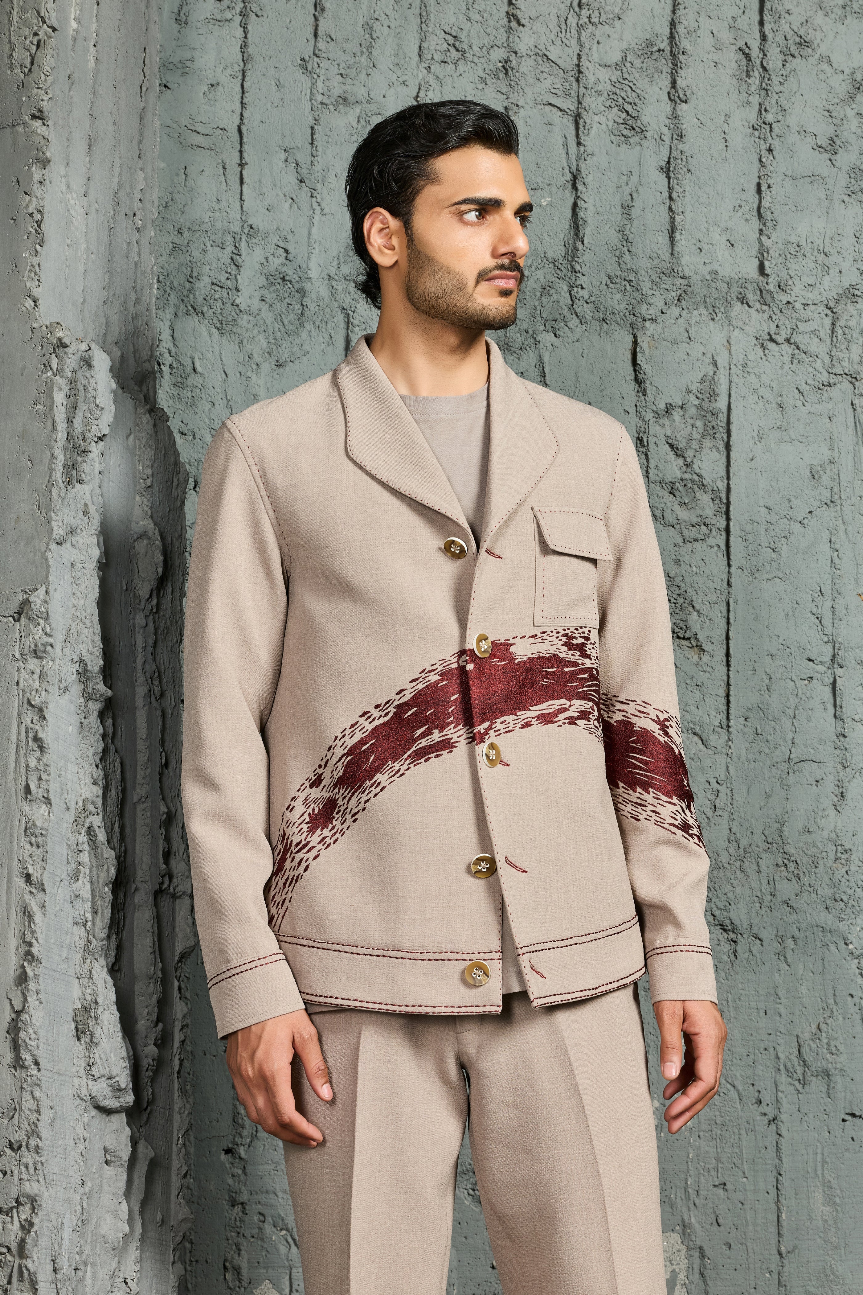 Beige Paint Strokes Shacket Set