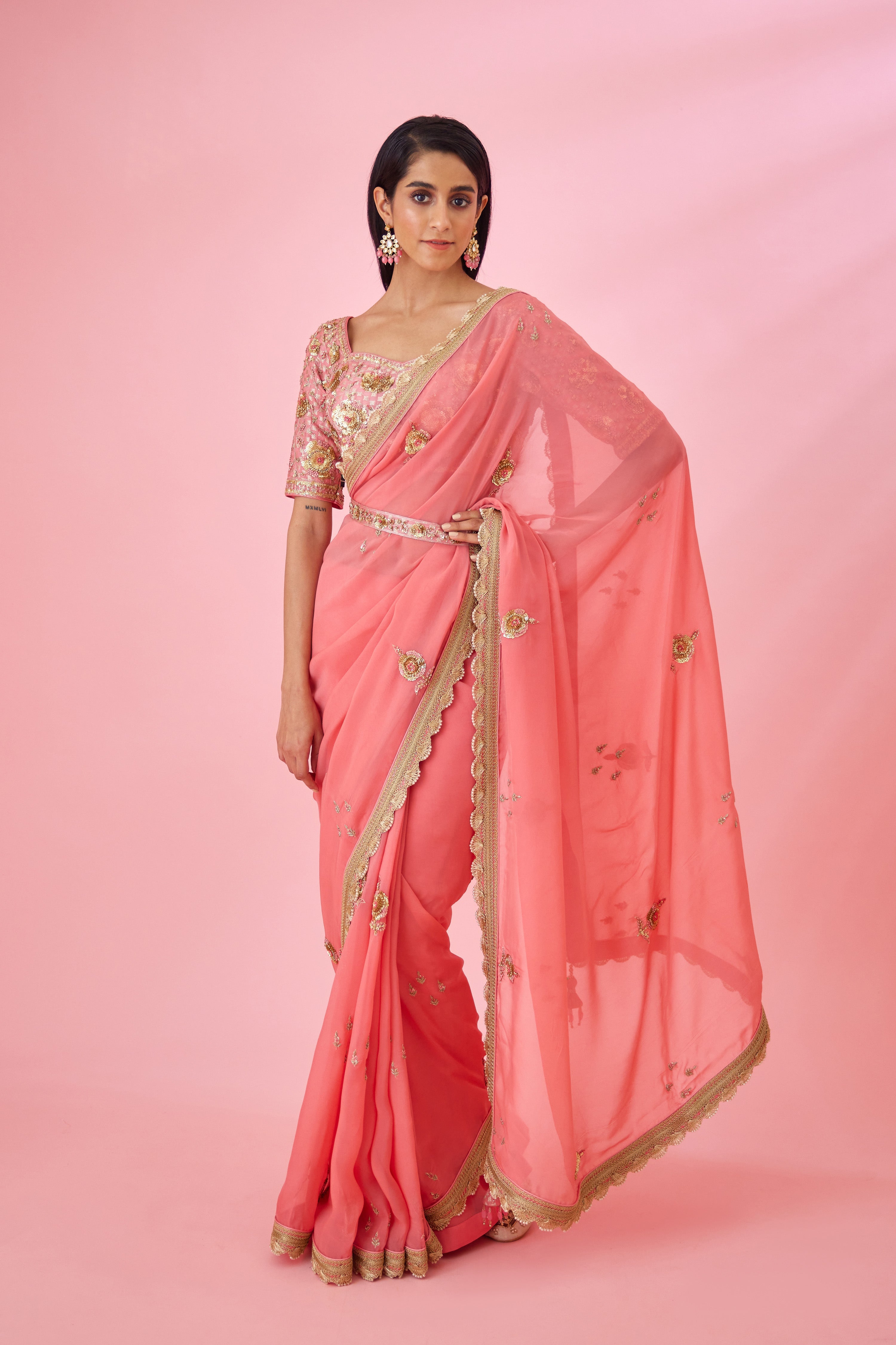 Coral Pink Saree Set