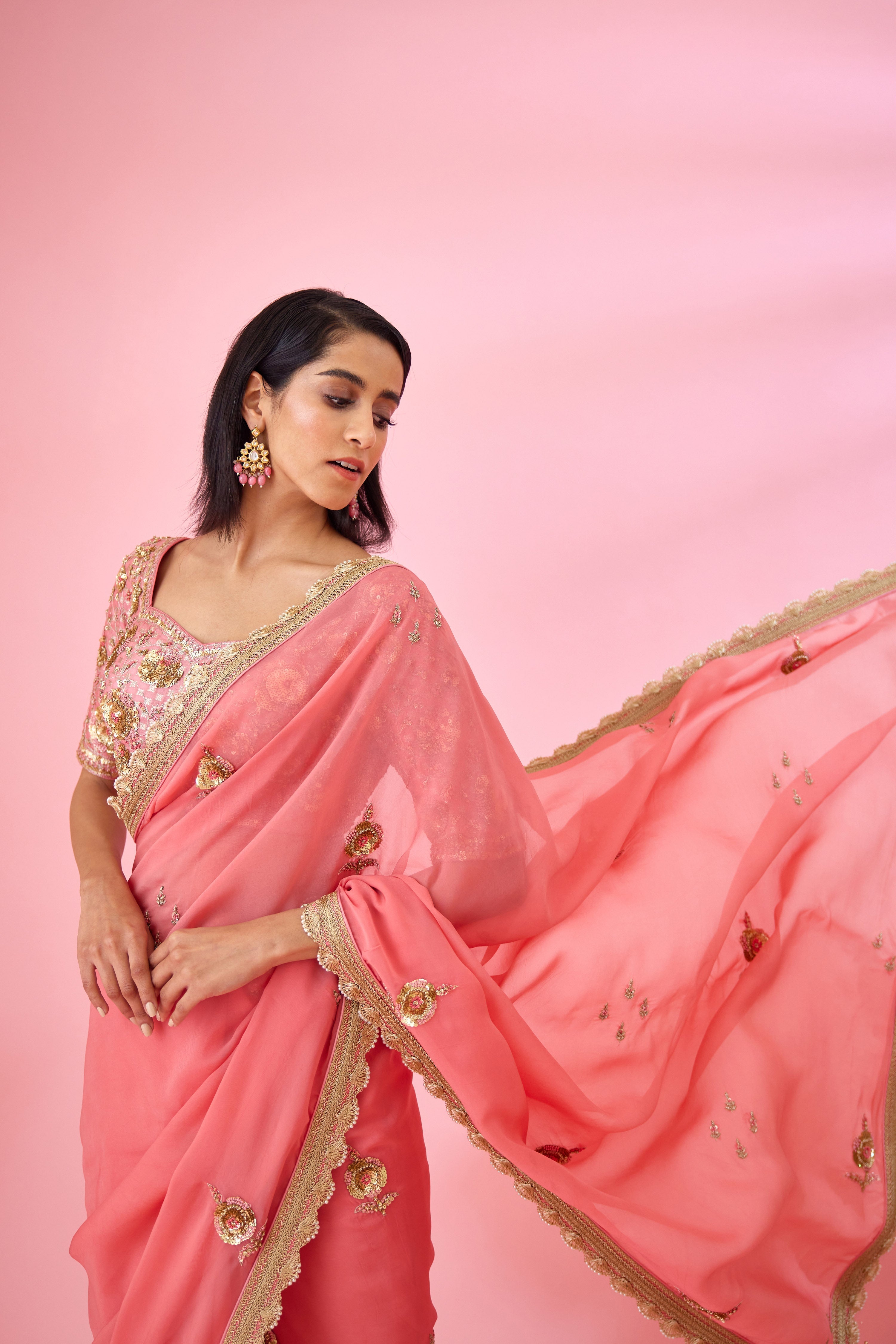 Coral Pink Saree Set
