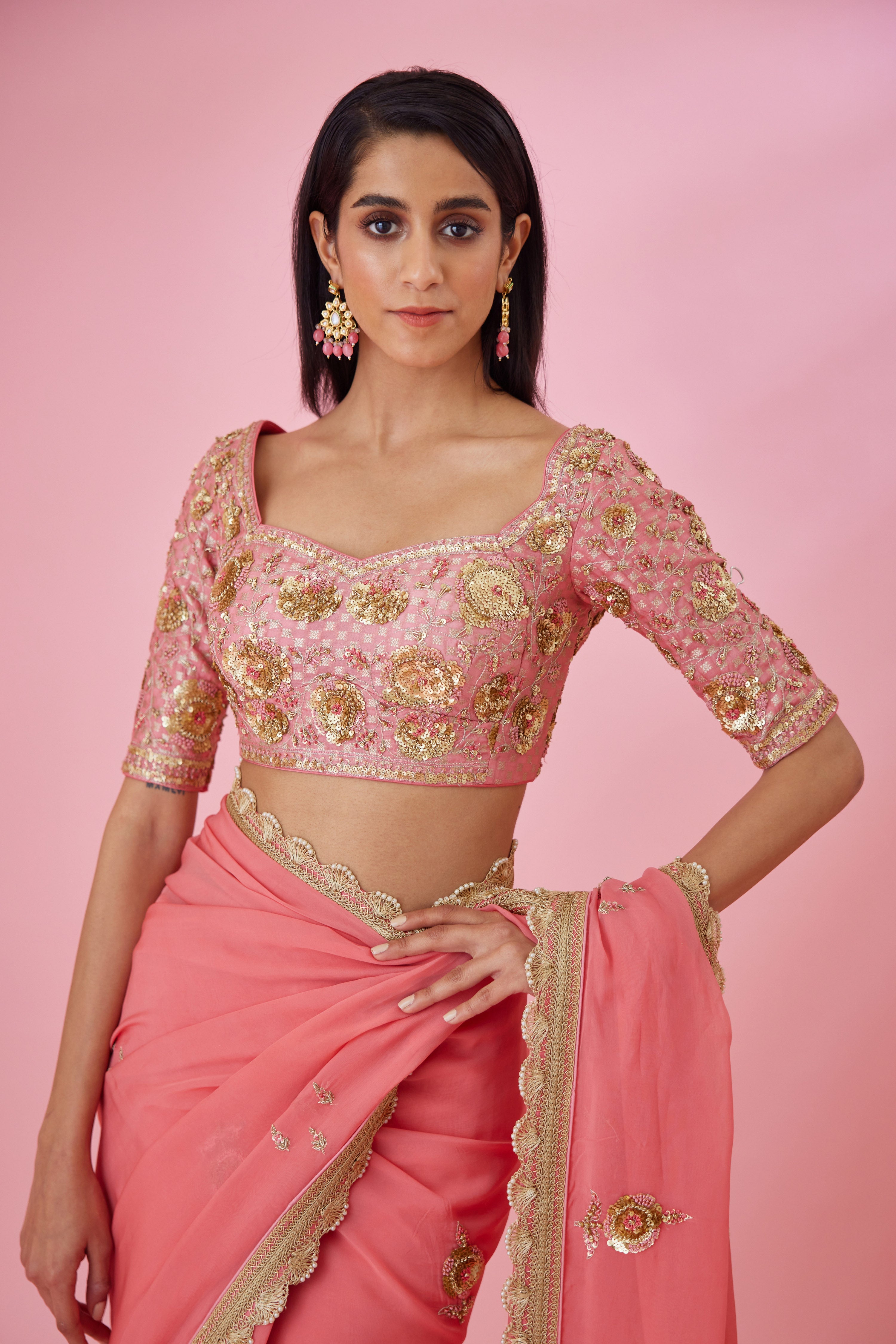 Coral Pink Saree Set