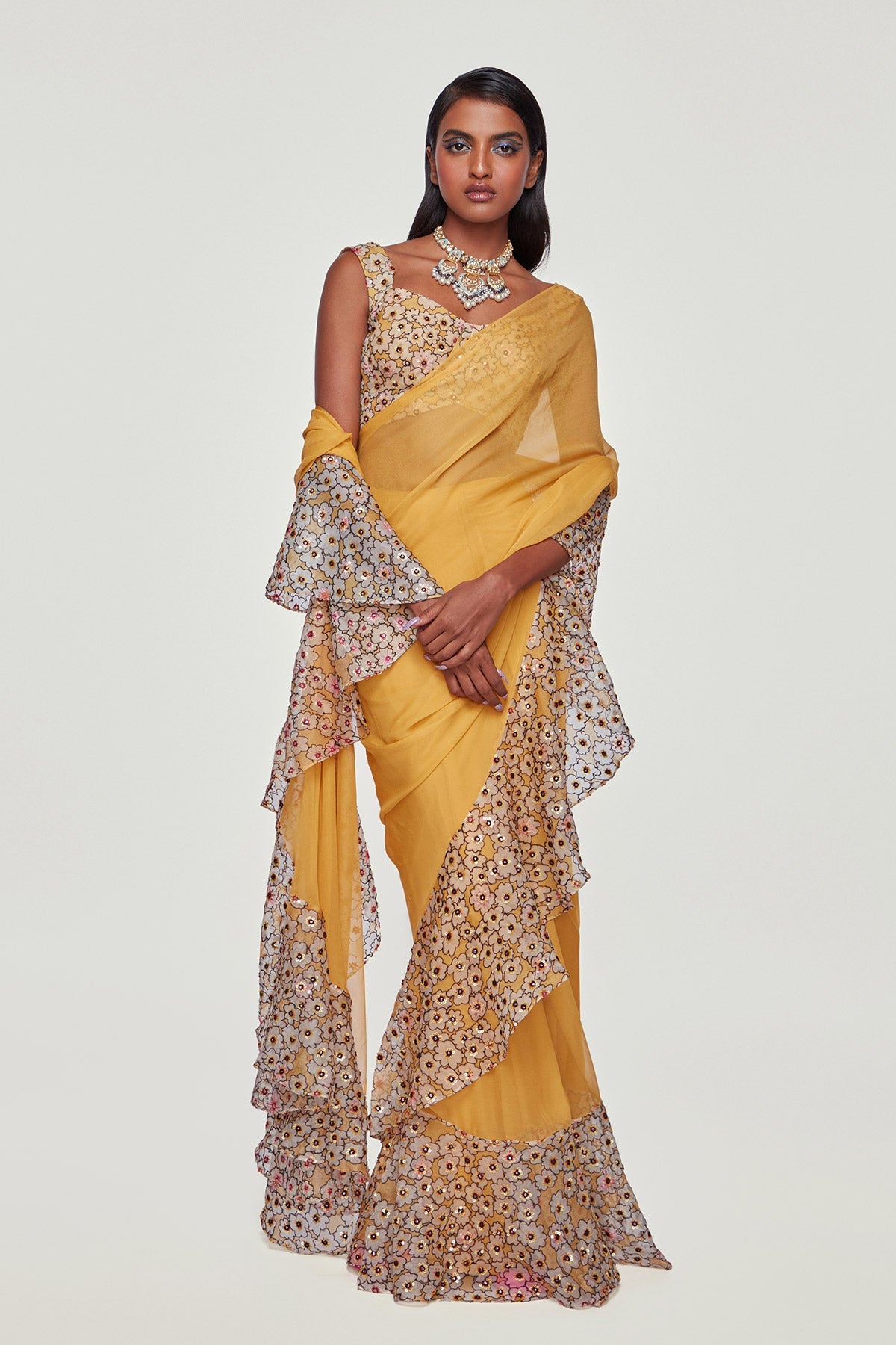 Maize - Yellow Organza Ruffle Saree Set