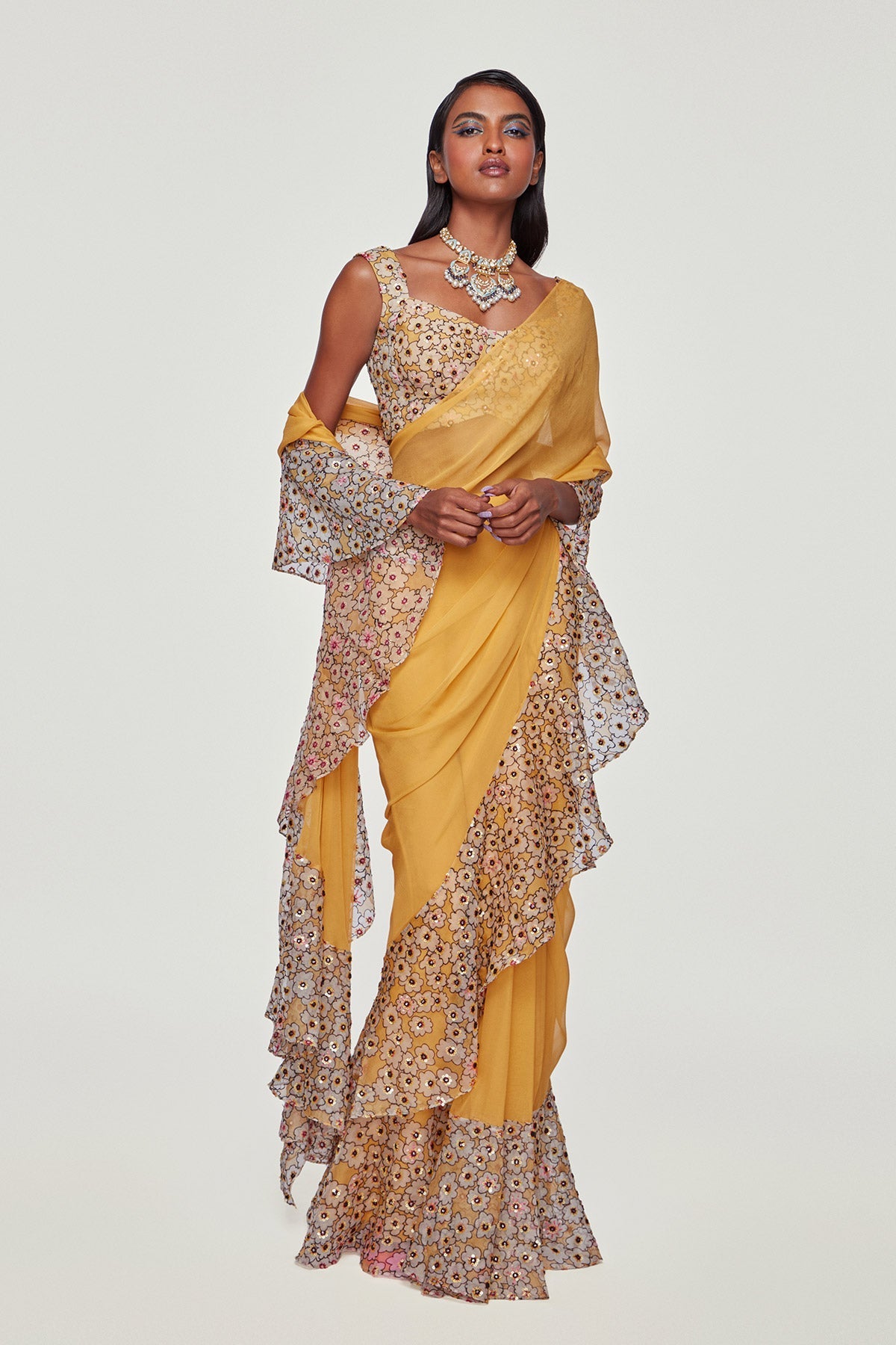 Maize - Yellow Organza Ruffle Saree Set