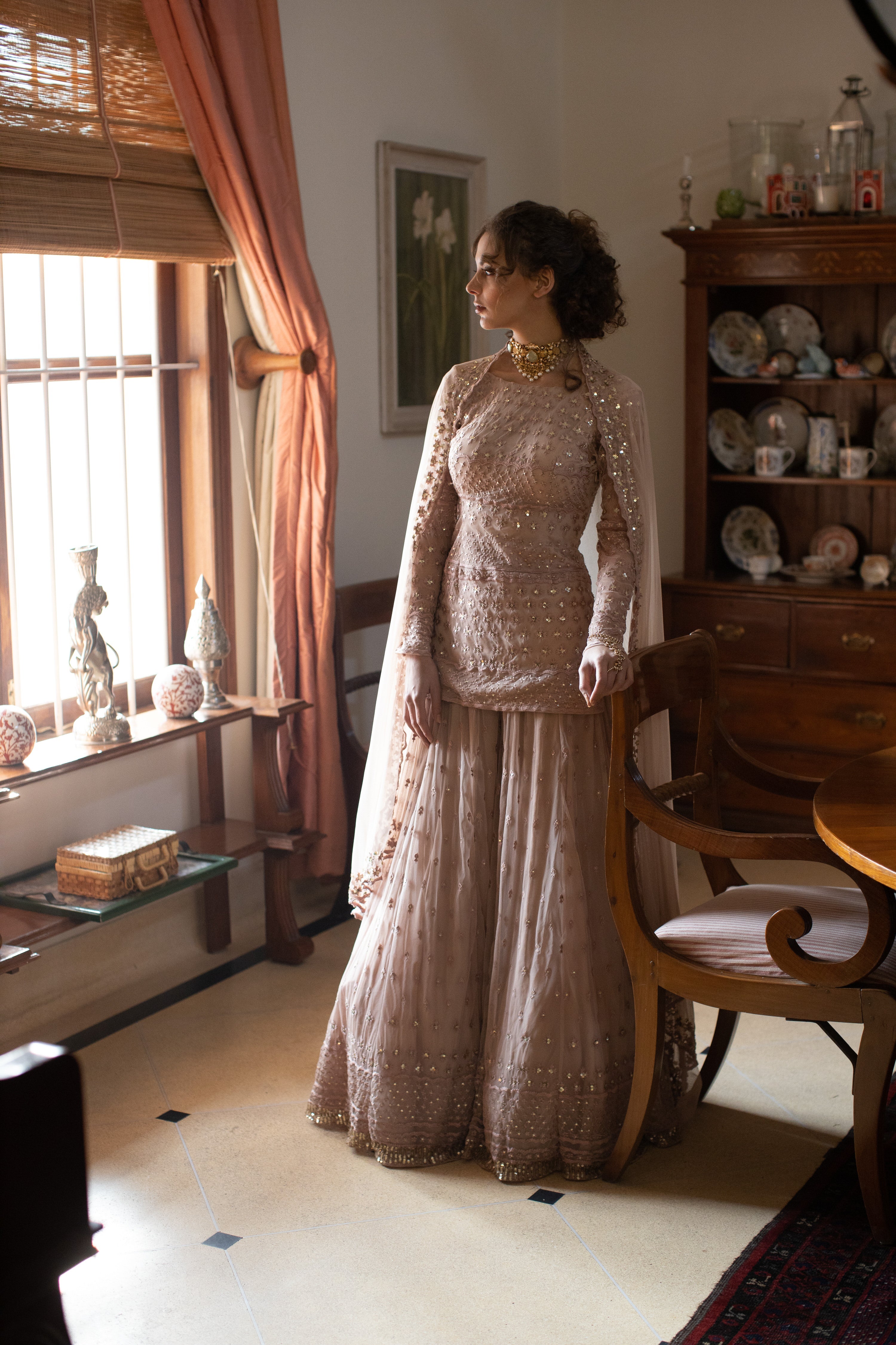 Nude Threadwork Kurti And Sharara Set