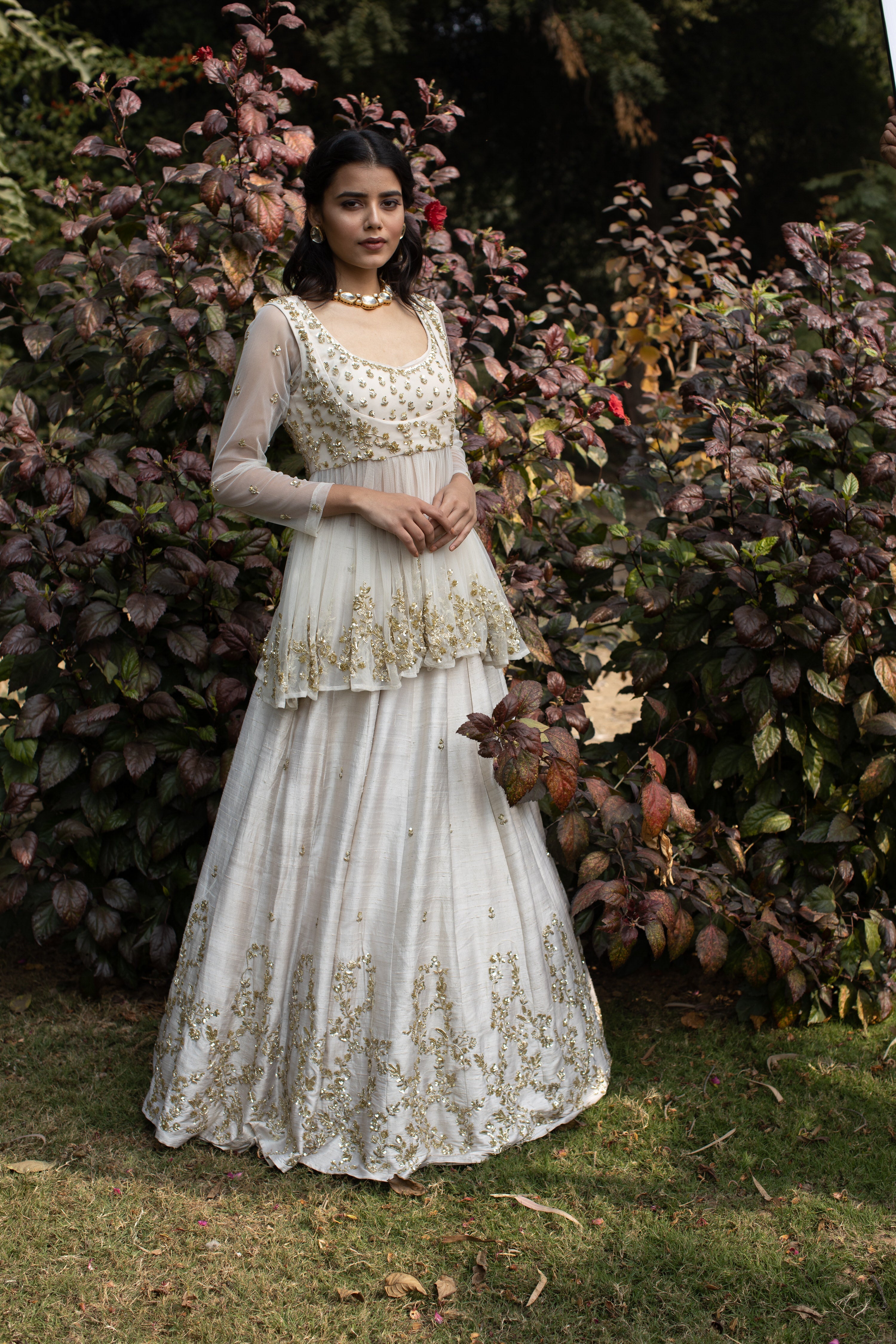 Gold Sequins Raw Silk Lehenga With Peplum Work Blouse