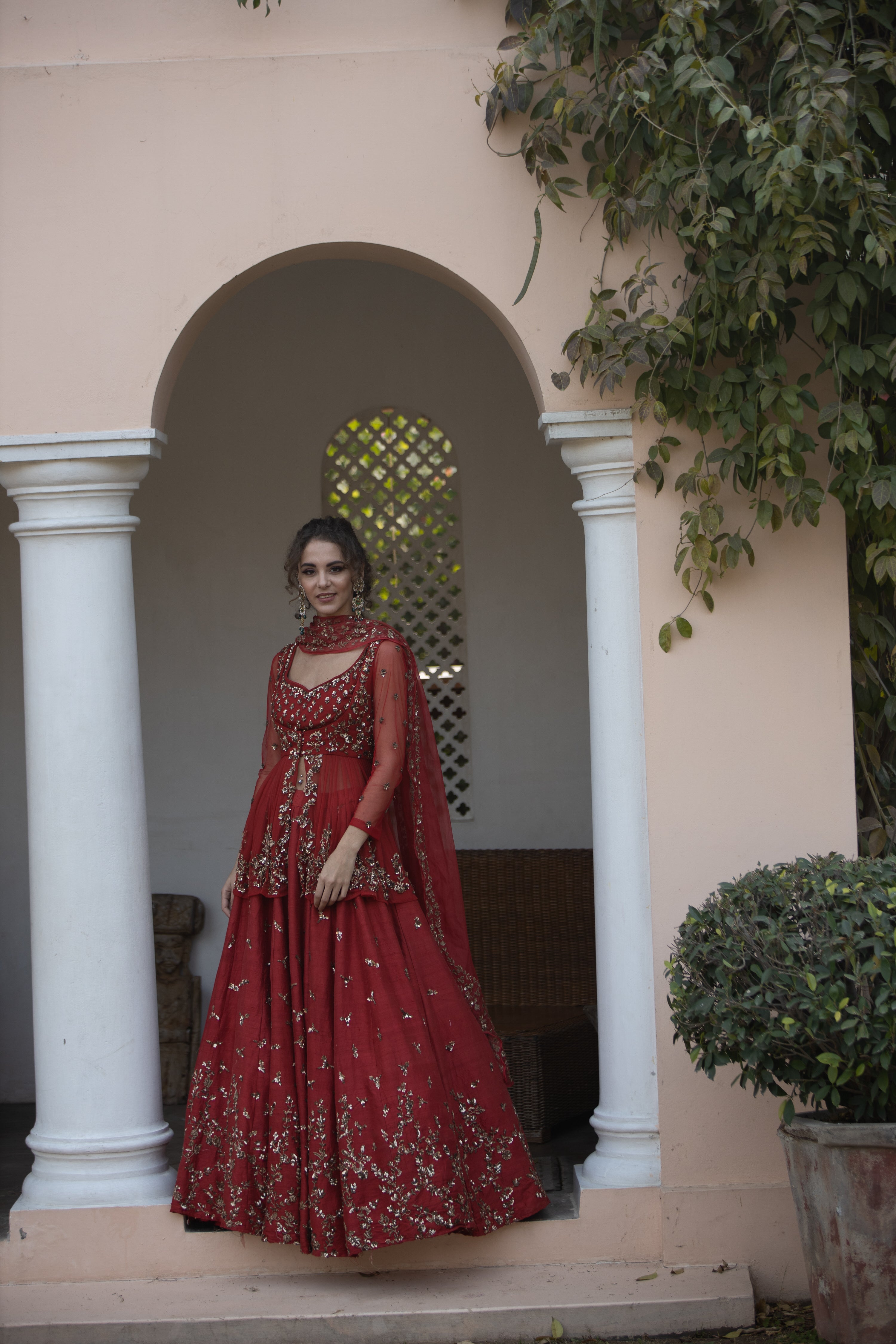 Antique Gold Sequins Raw Silk Lehenga With Peplum Work Blouse
