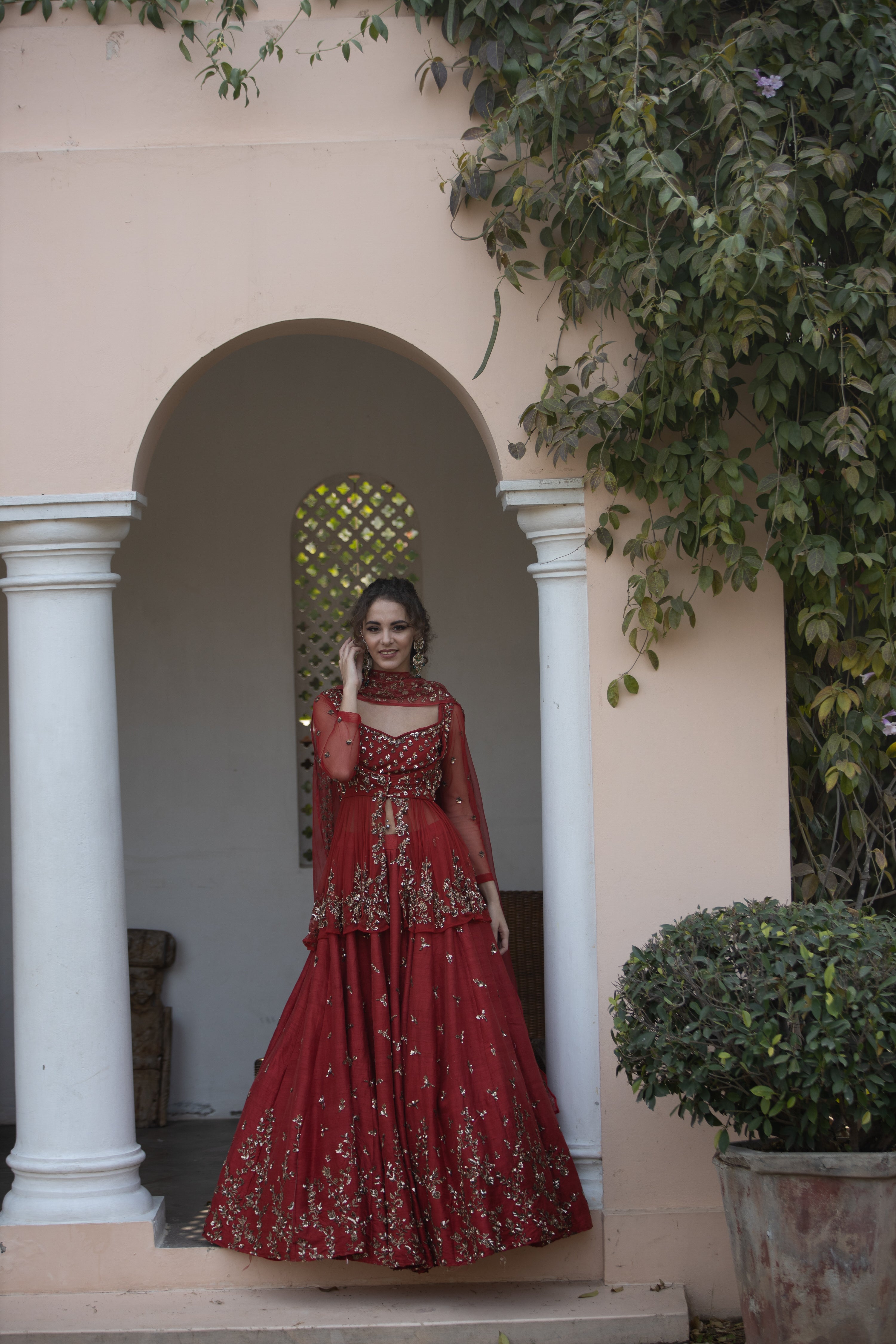 Antique Gold Sequins Raw Silk Lehenga With Peplum Work Blouse