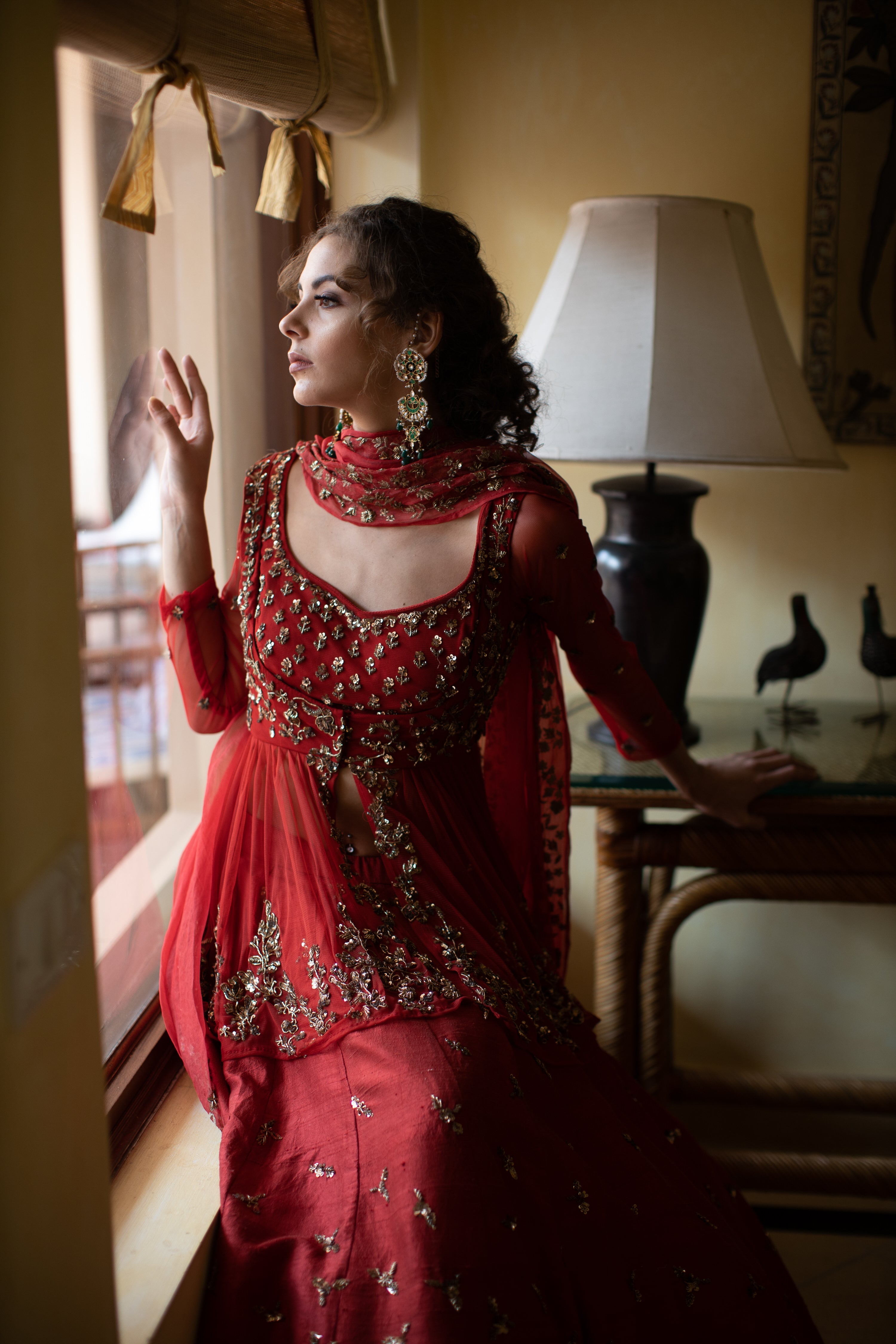 Antique Gold Sequins Raw Silk Lehenga With Peplum Work Blouse