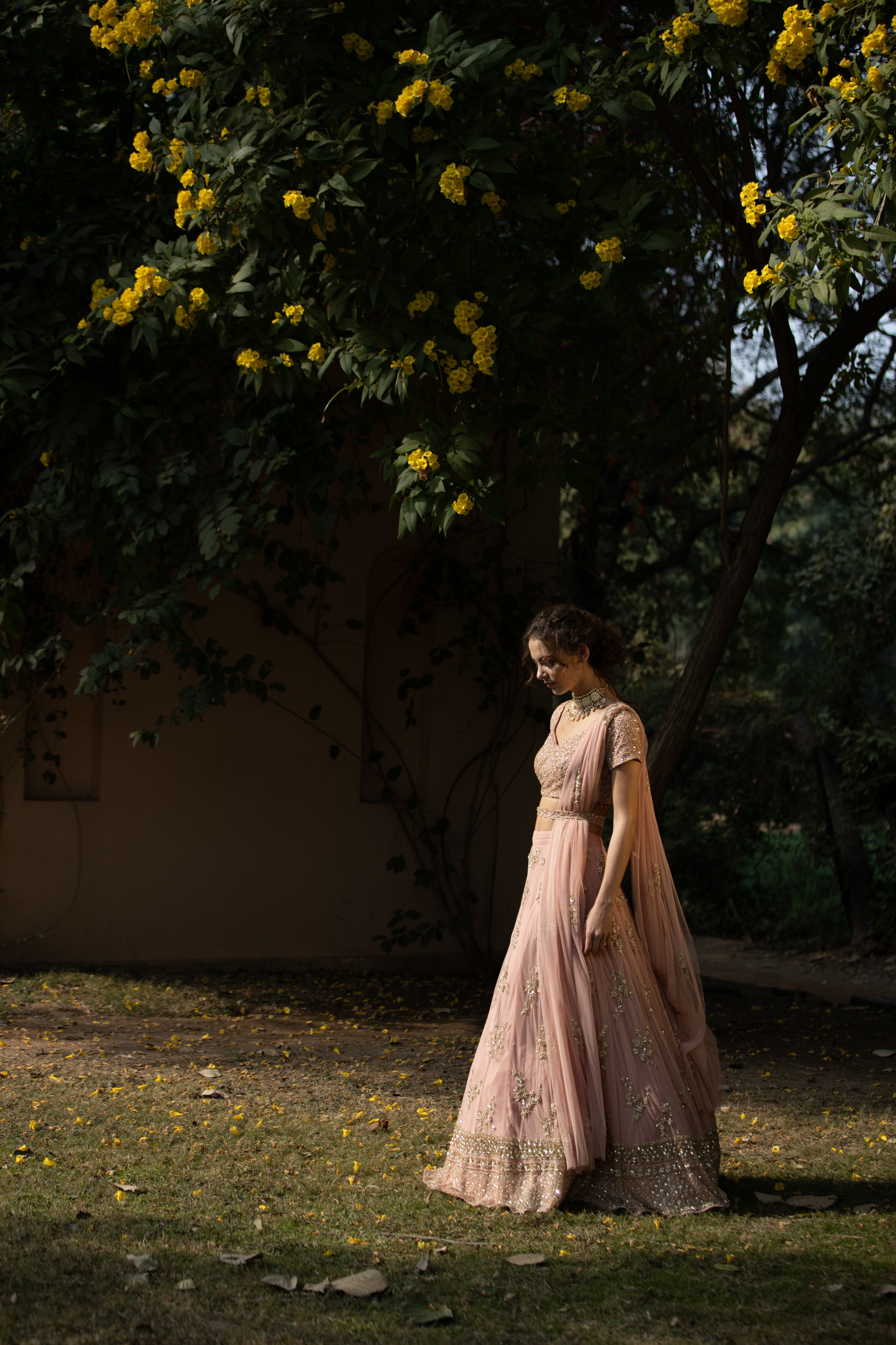 Blush Pink Bootie Lehenga With Gold Work