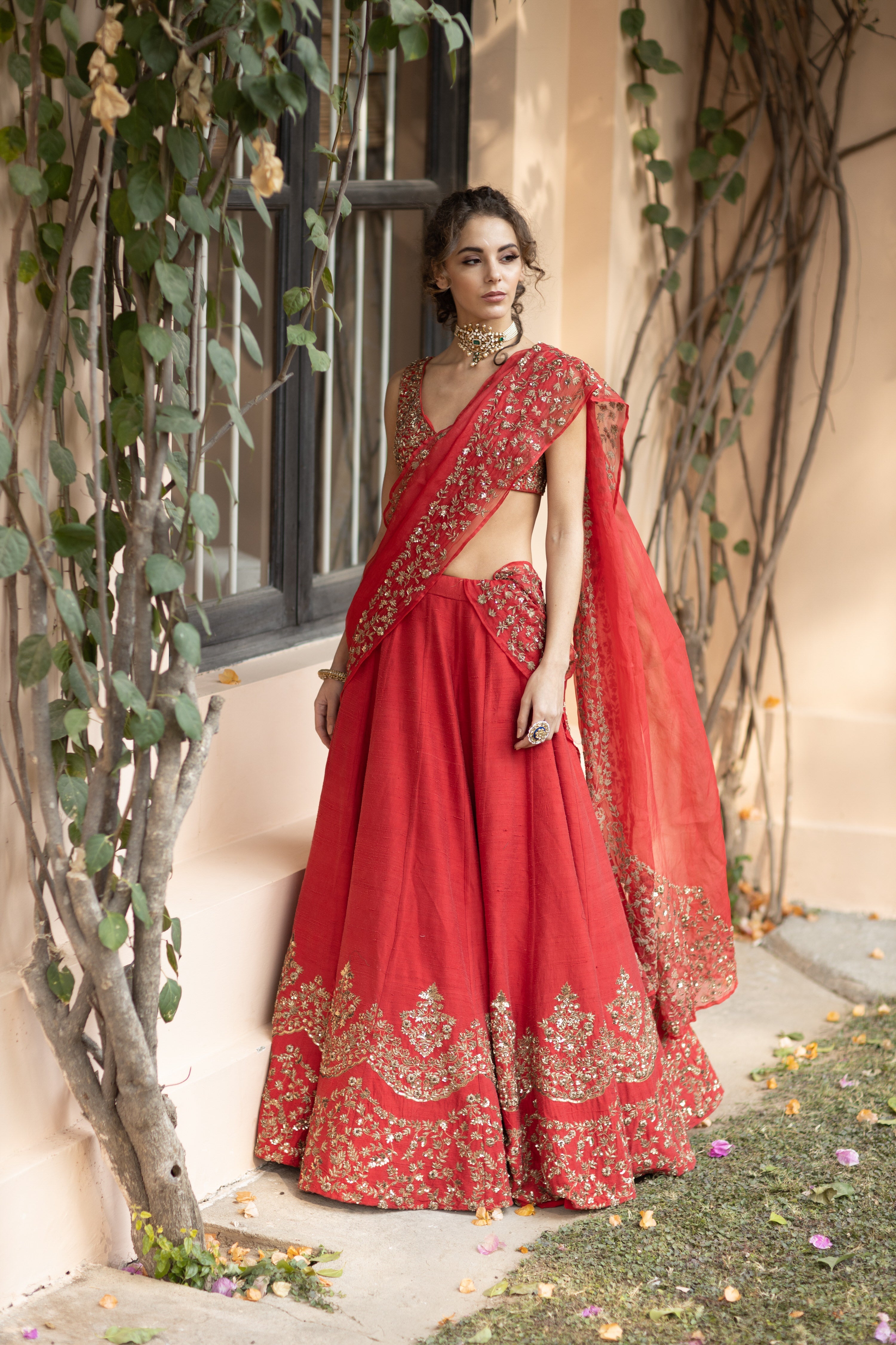Red Raw Silk Lehenga Set With Gold Border