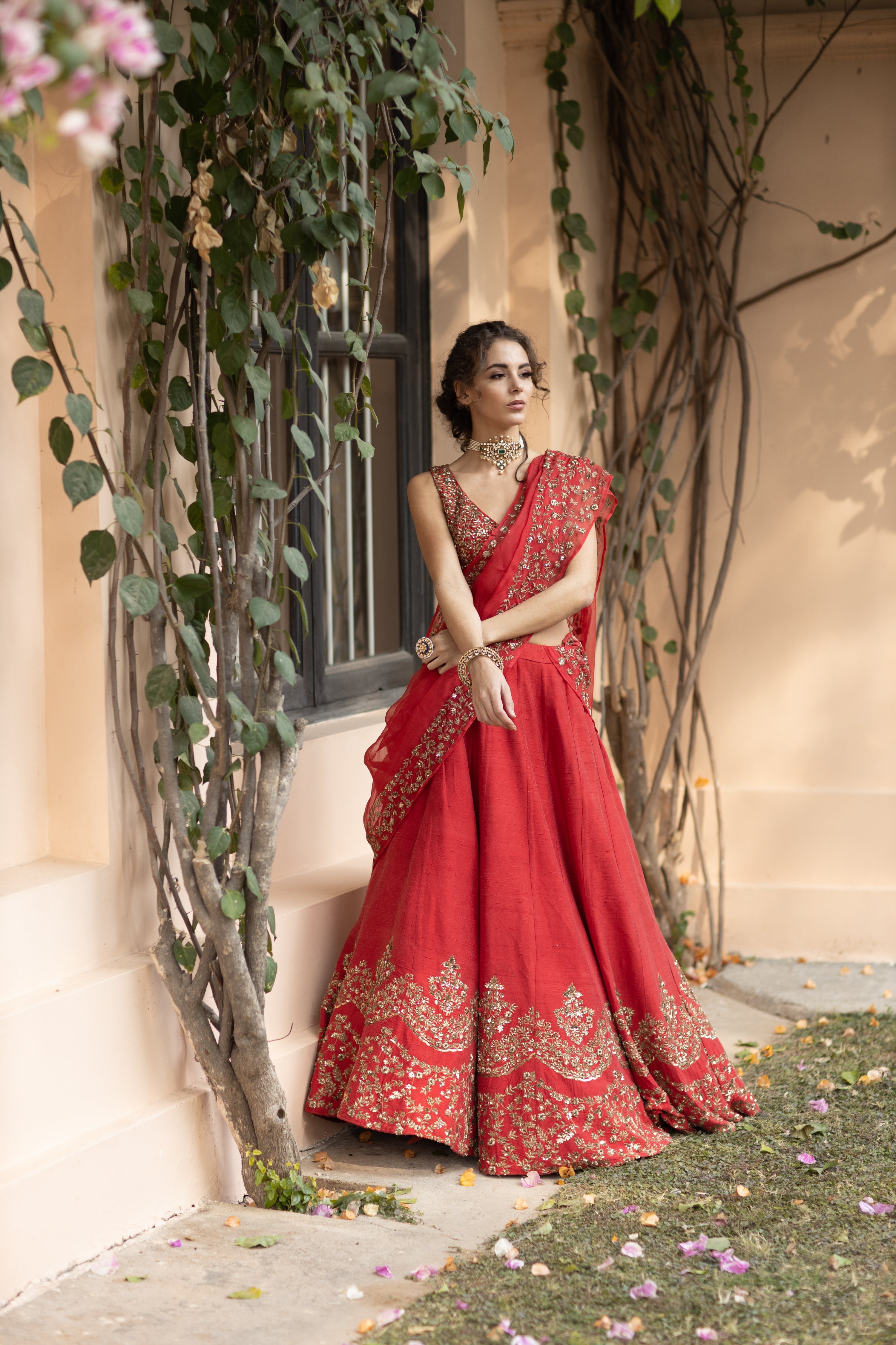 Red Raw Silk Lehenga Set With Gold Border