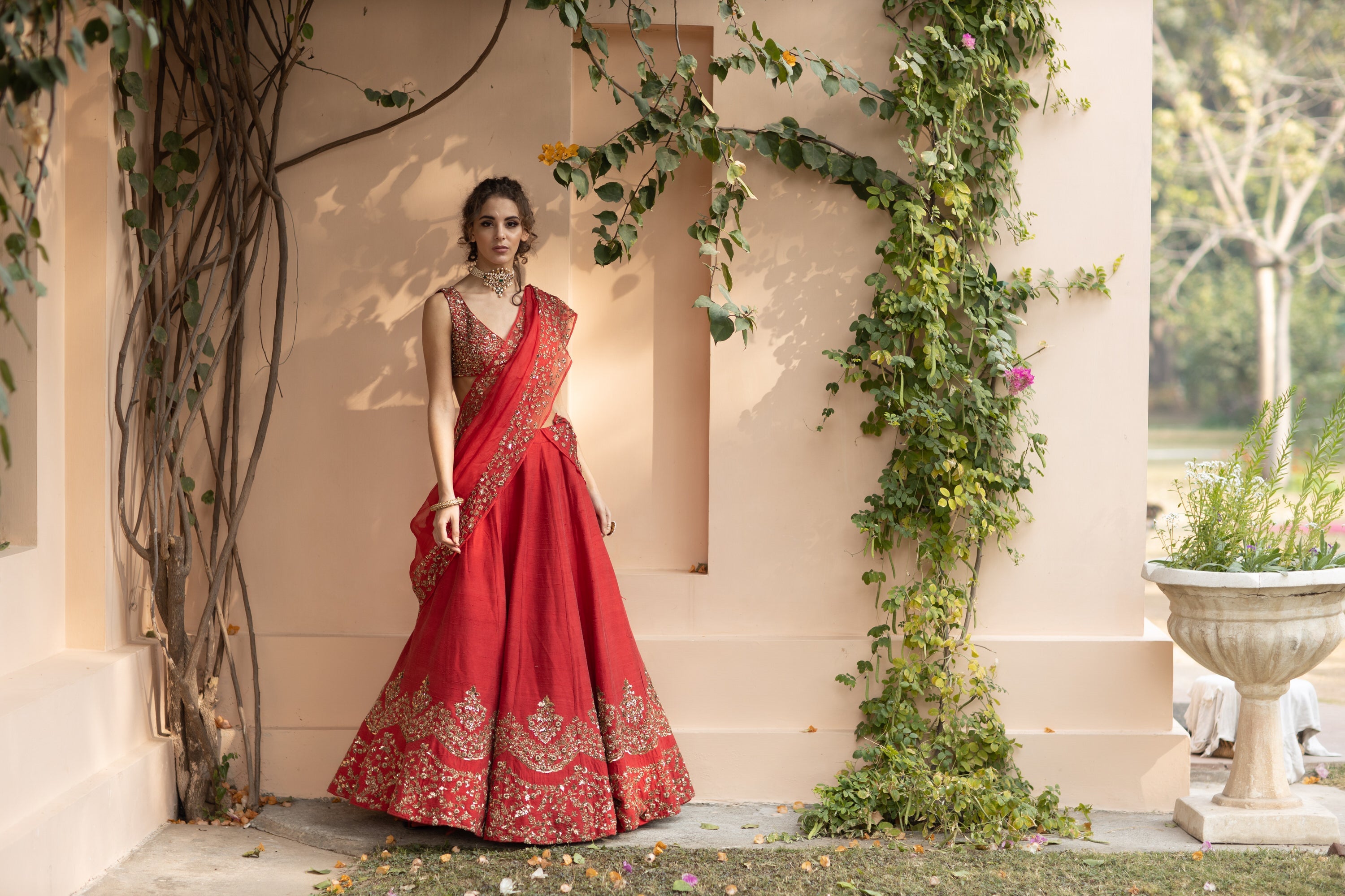 Red Raw Silk Lehenga Set With Gold Border