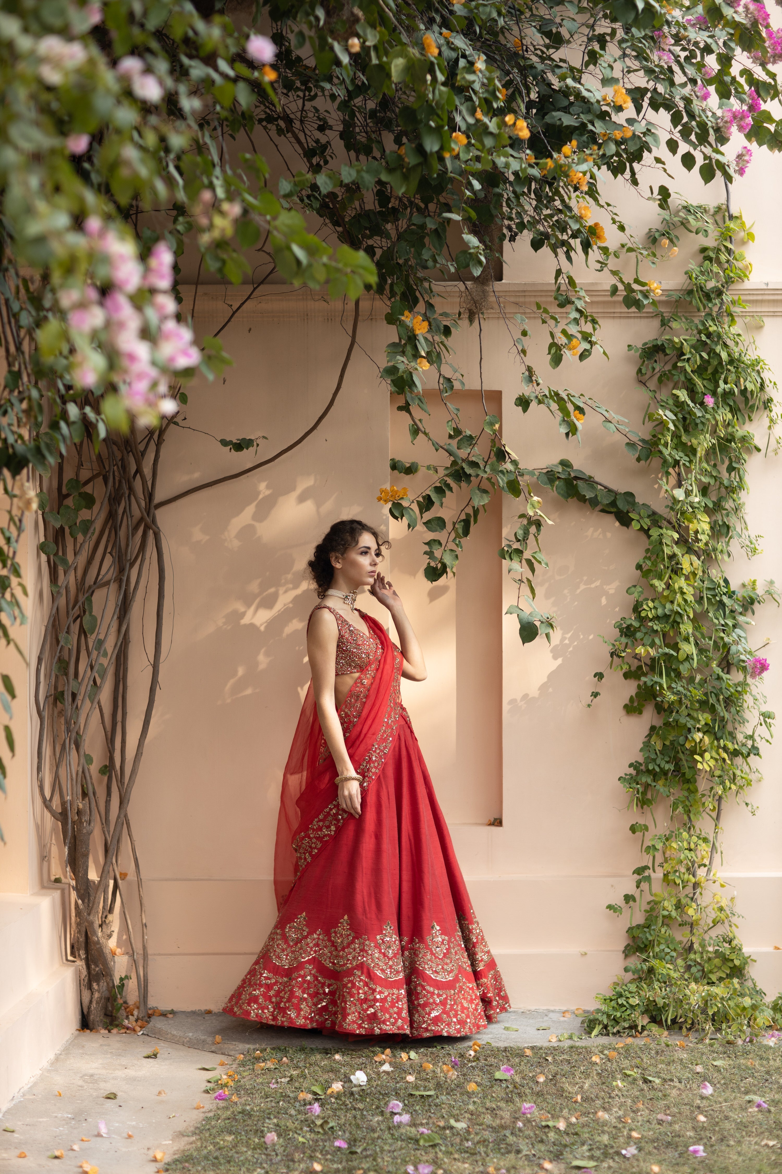 Red Raw Silk Lehenga Set With Gold Border