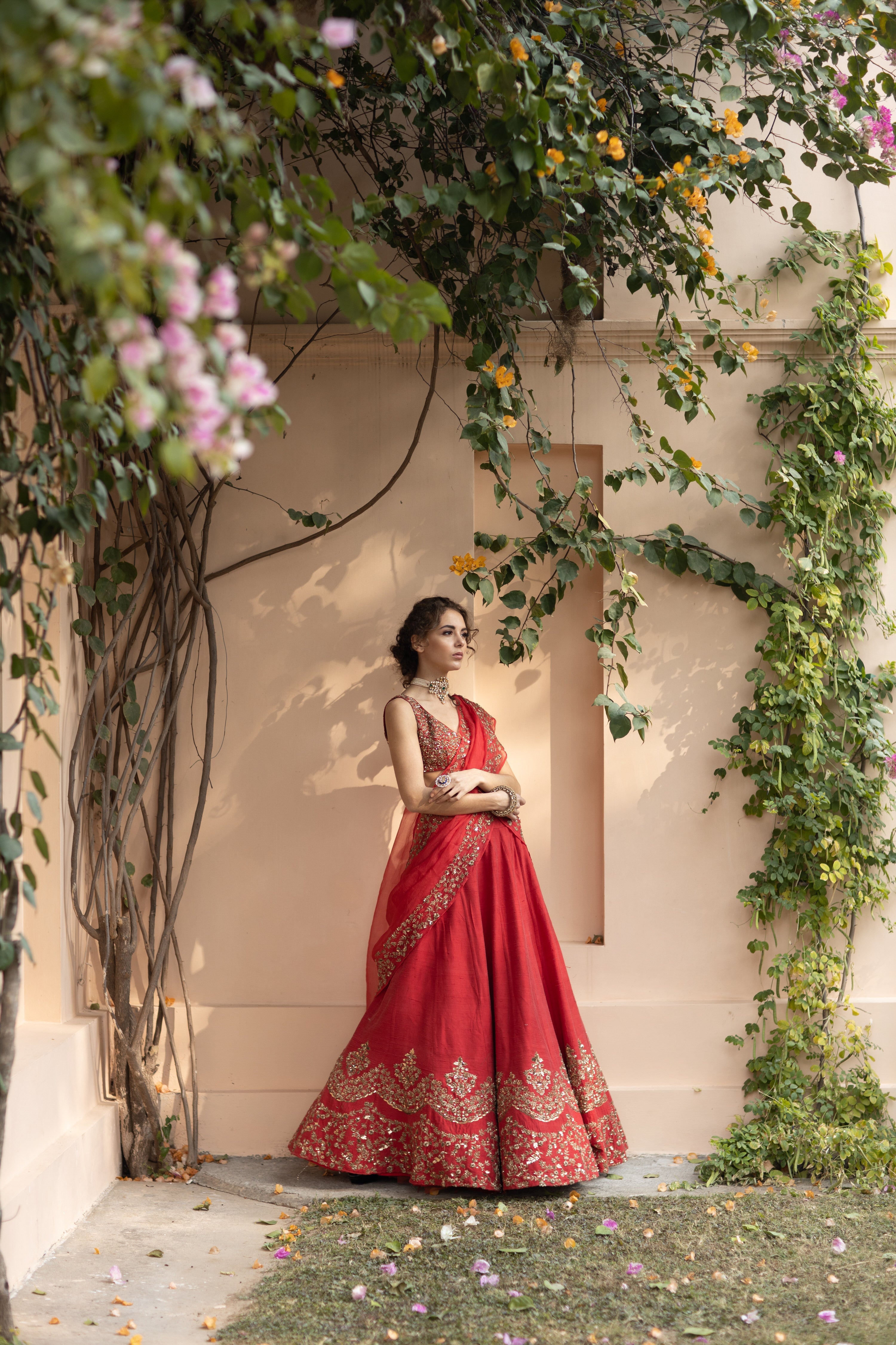 Red Raw Silk Lehenga Set With Gold Border
