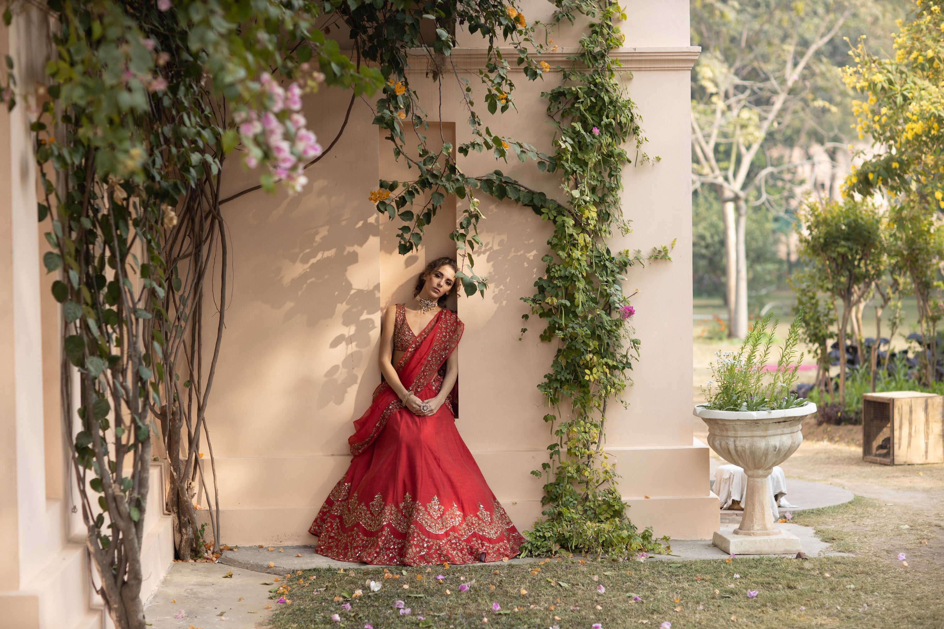 Red Raw Silk Lehenga Set With Gold Border
