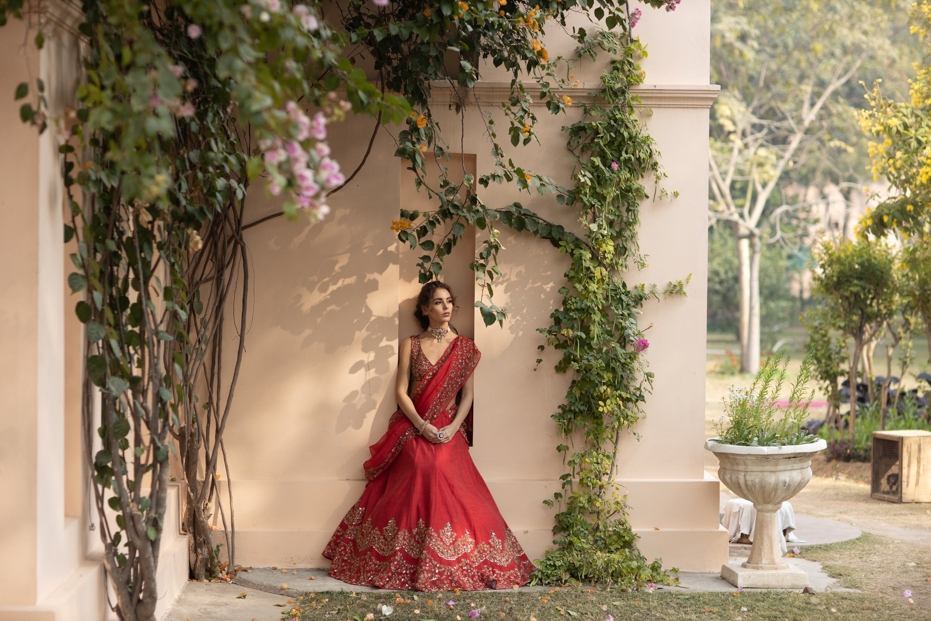 Red Raw Silk Lehenga Set With Gold Border