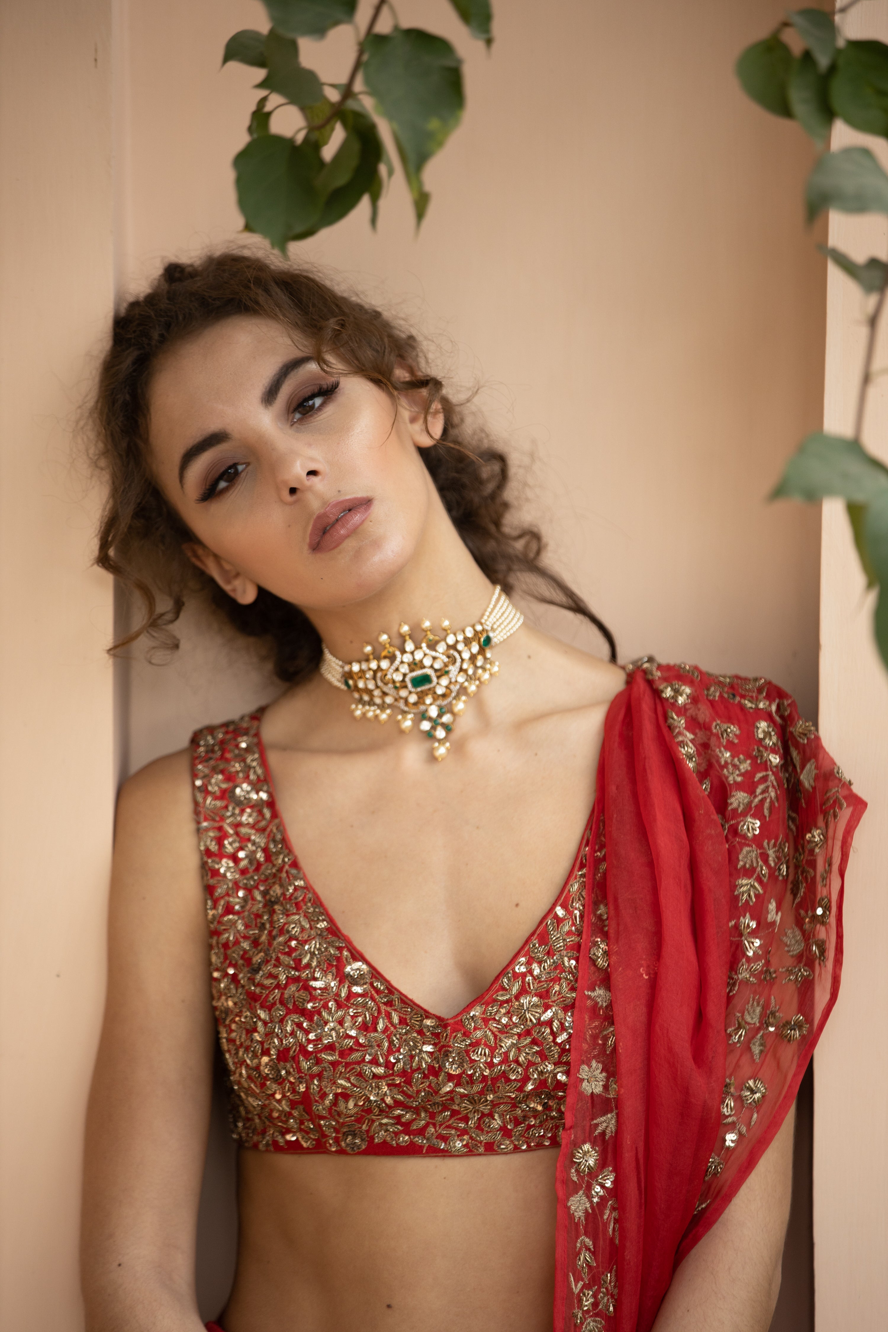 Red Raw Silk Lehenga Set With Gold Border