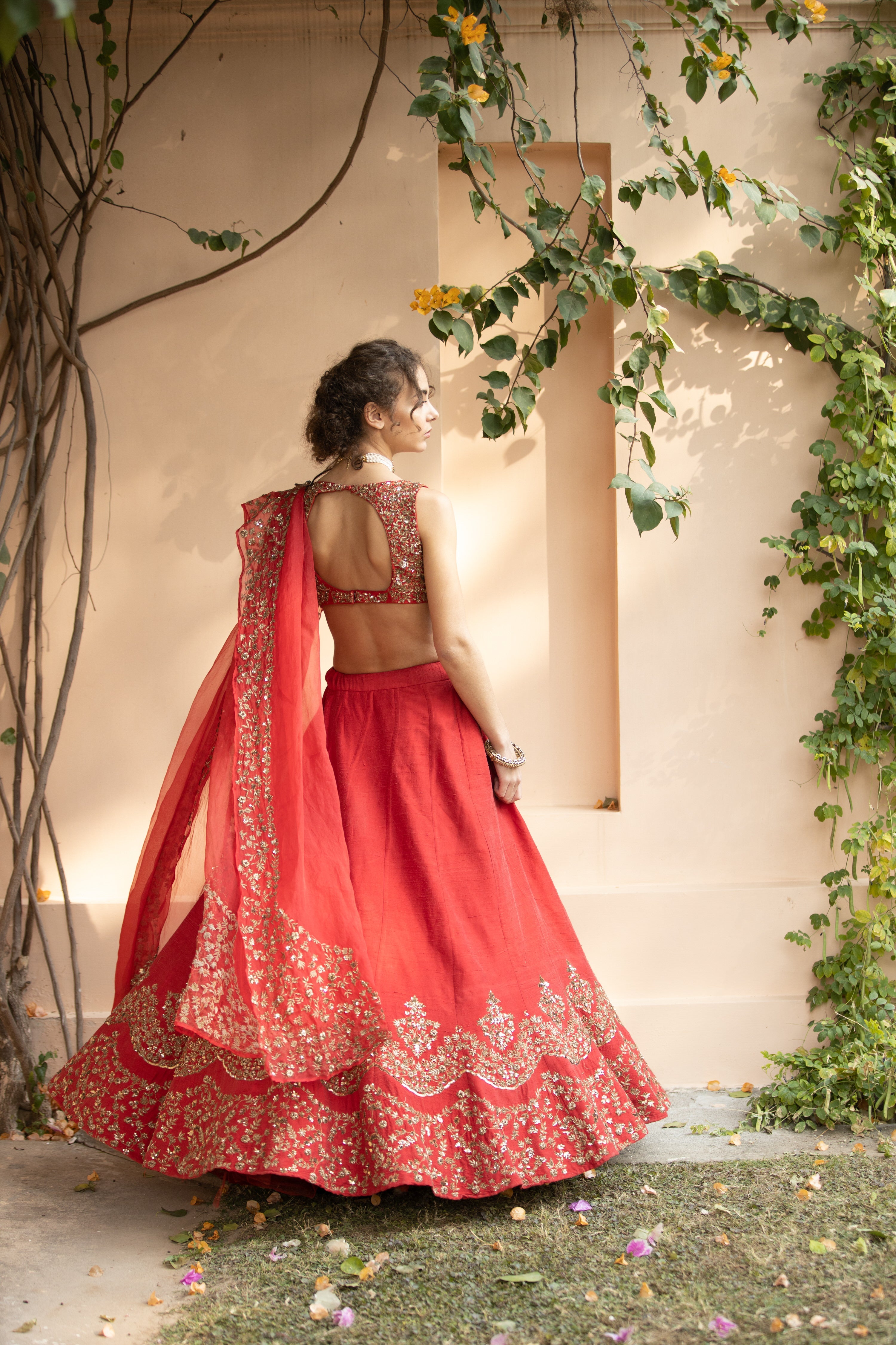 Red Raw Silk Lehenga Set With Gold Border