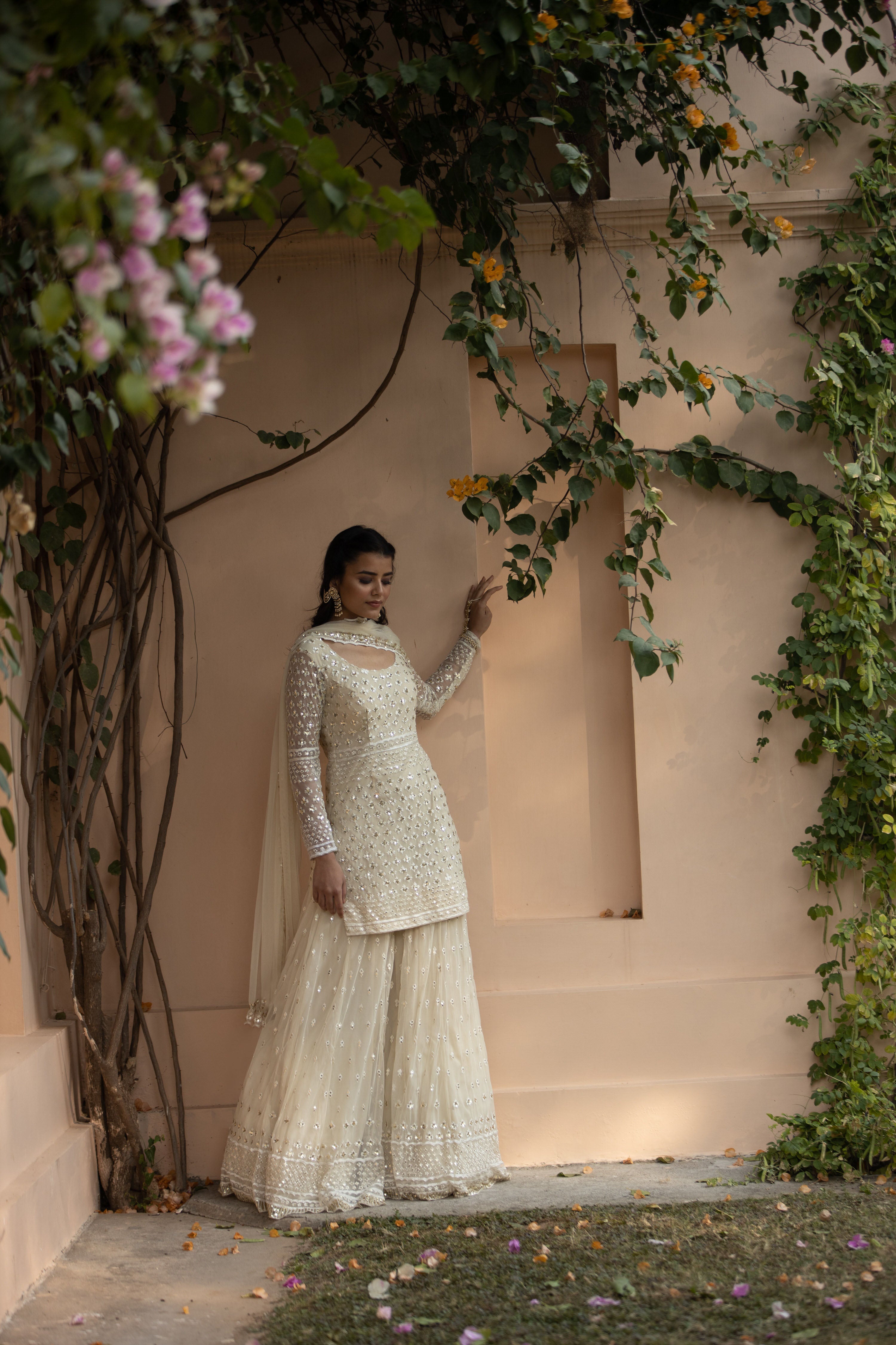 White Threadwork Kurti And Sharara Set
