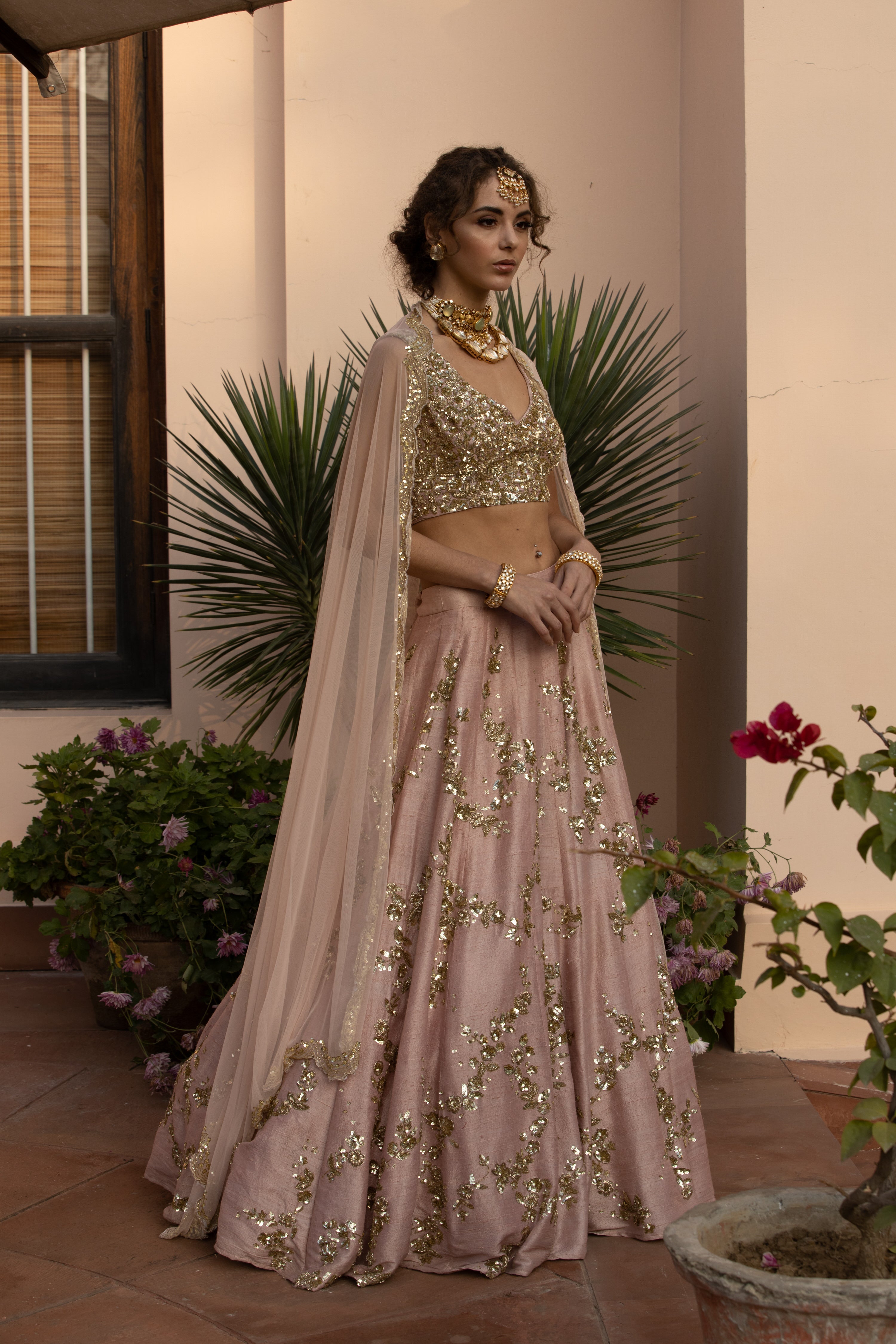 Baby Pink With Gold Jaal Work Lehenga Set