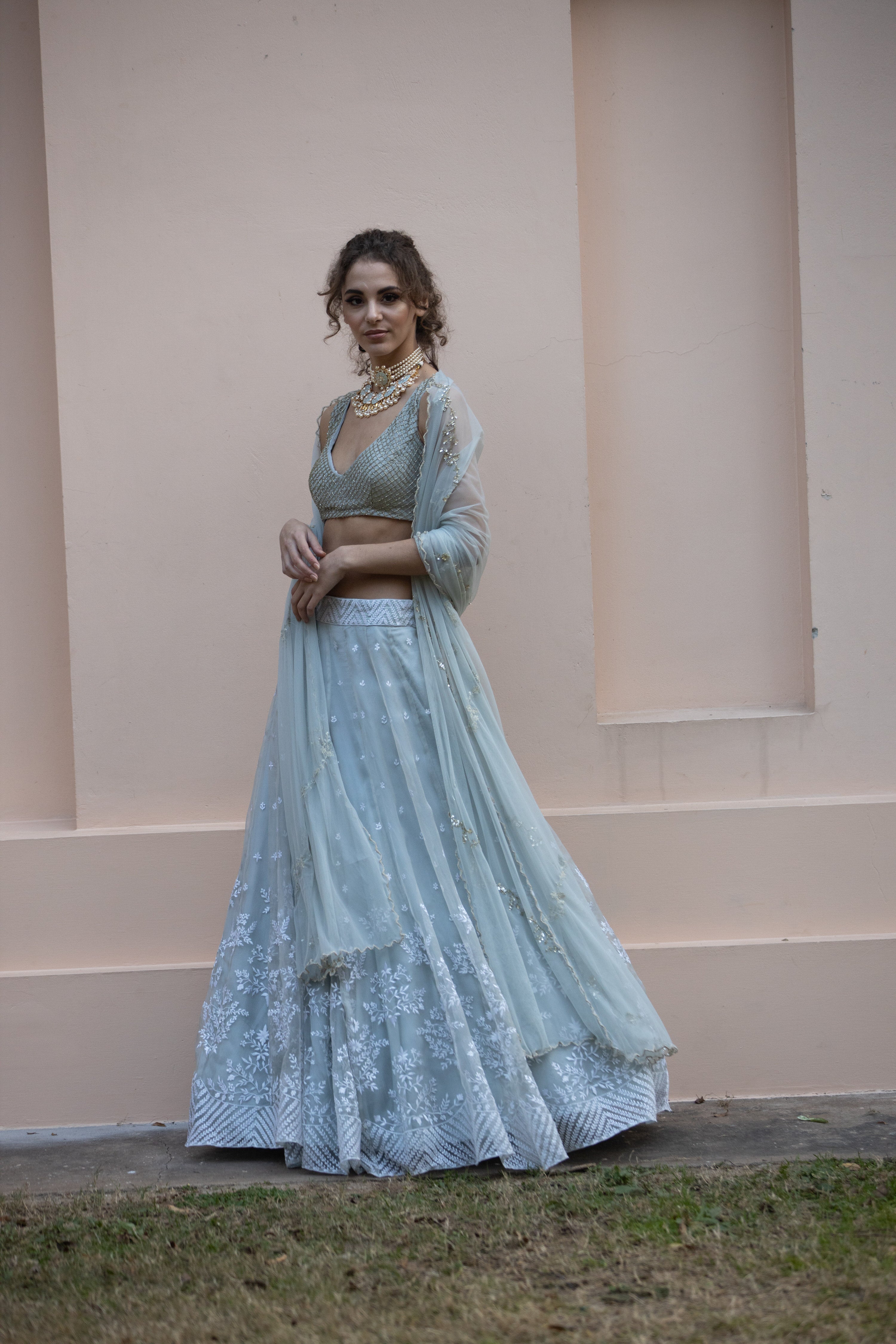 Sky Blue Organza Lehenga With White Threadwork