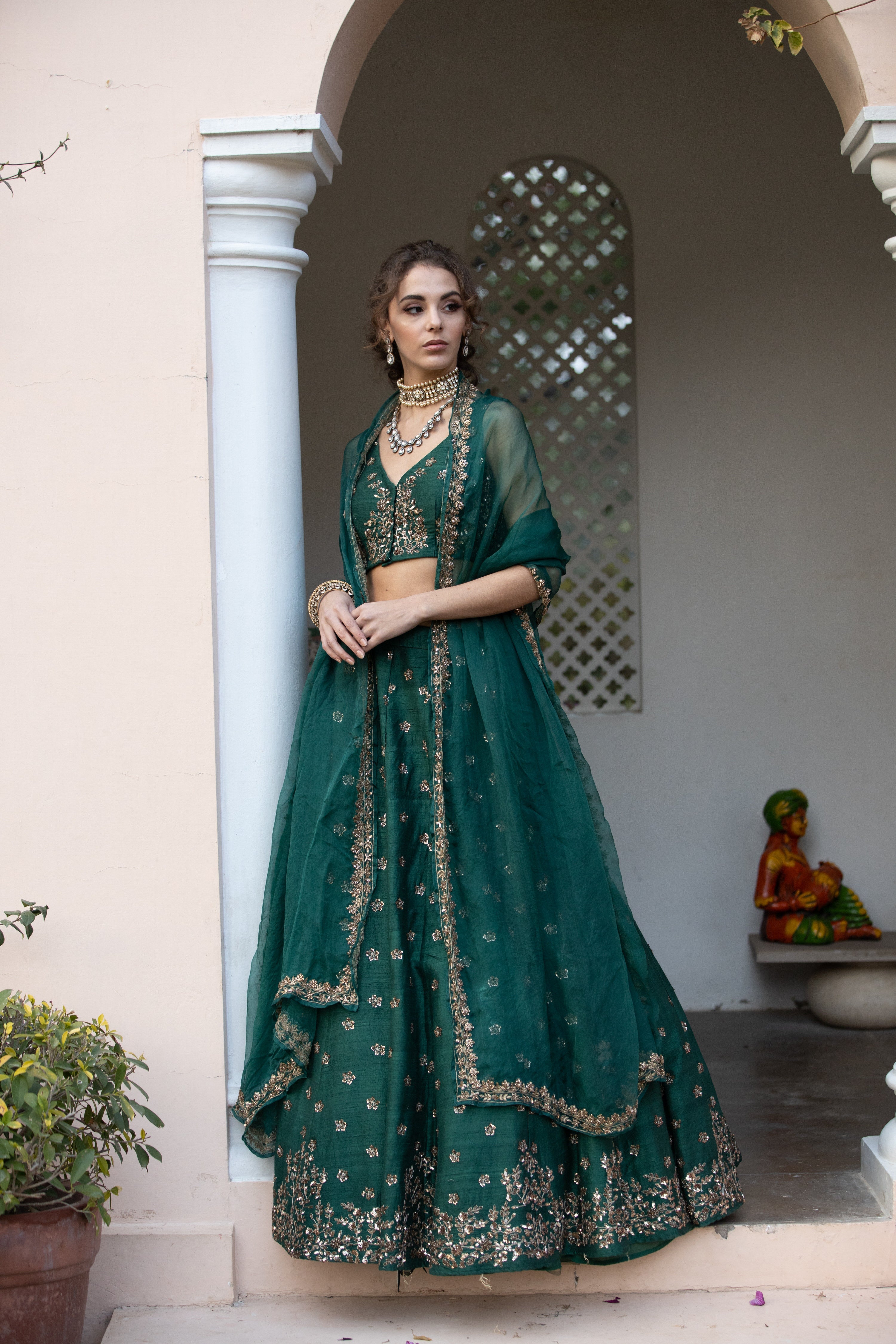 Green Emerald Lehenga With Organza Dupatta