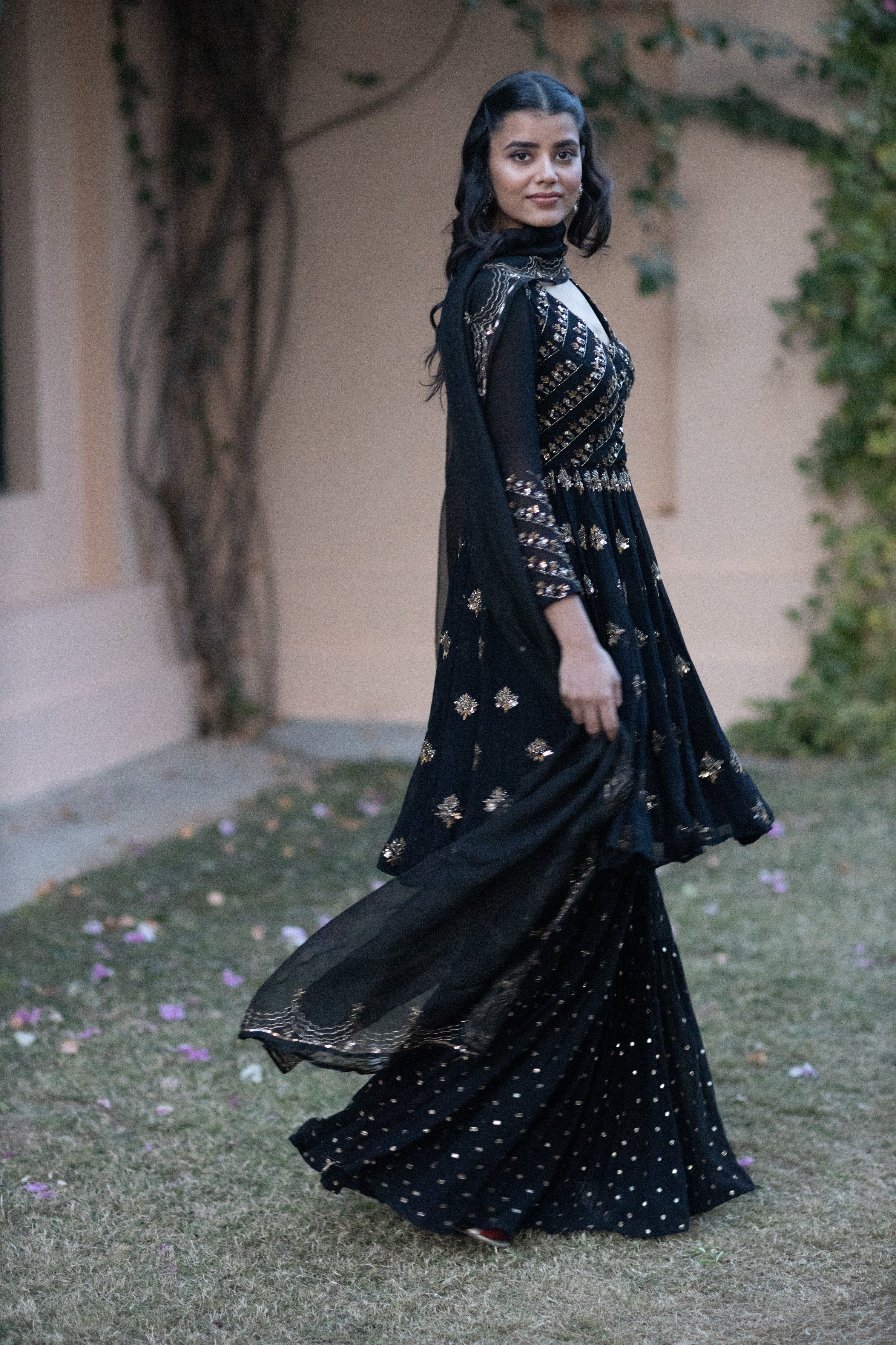 Black And Gold Georgette Jacket Sharara