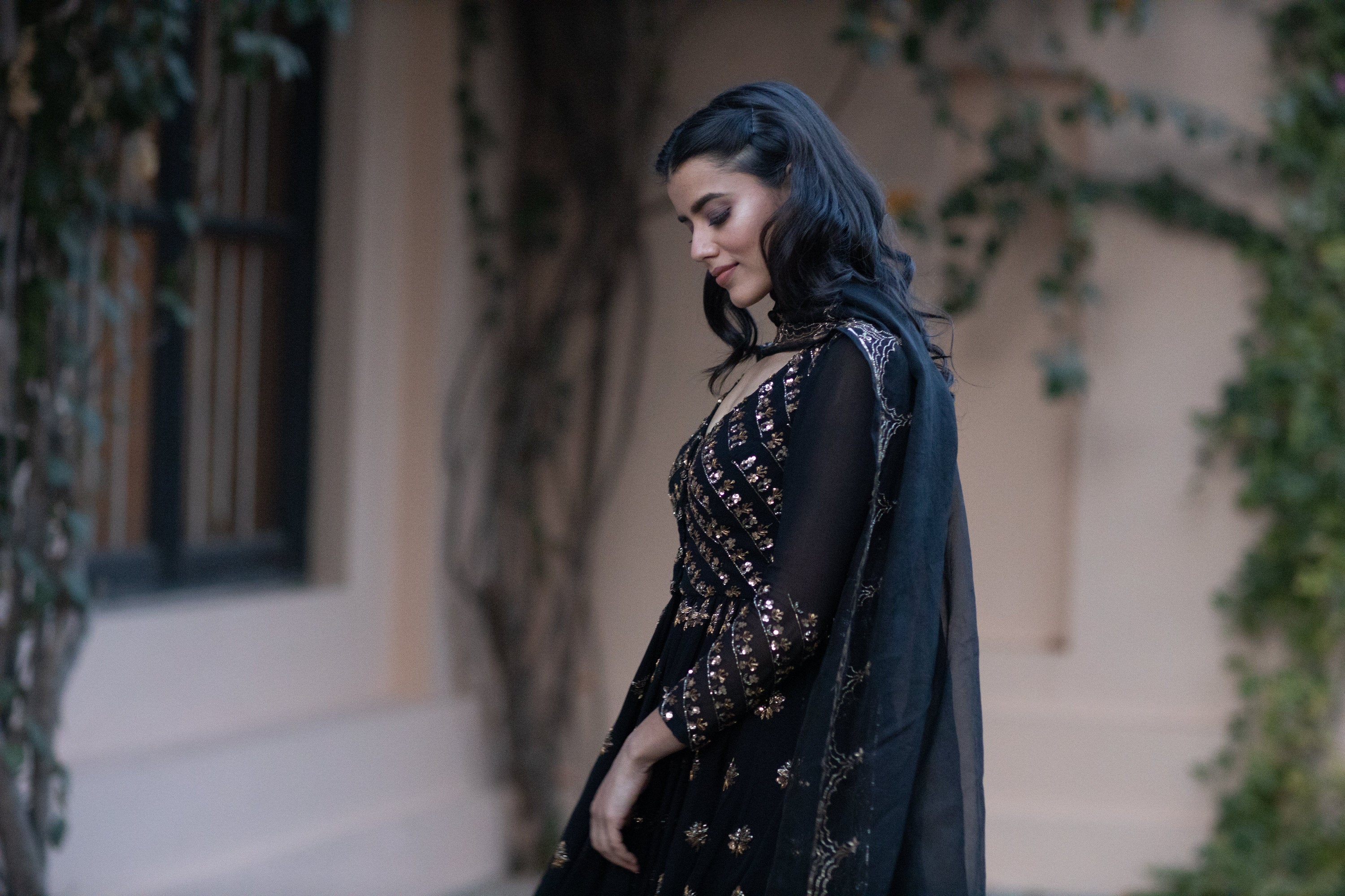 Black And Gold Georgette Jacket Sharara