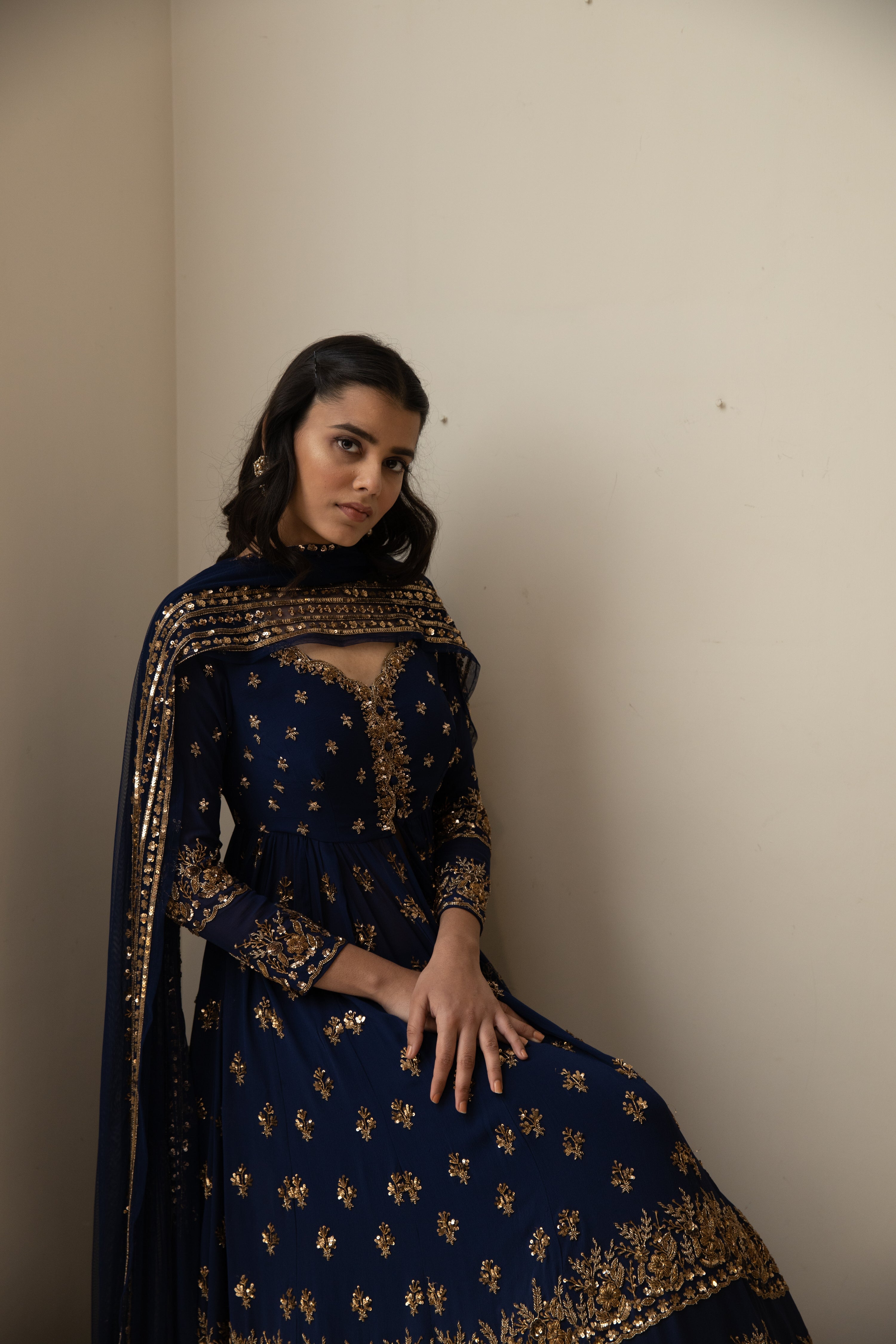 Dark Blue Gold Jacket With Border Skirt