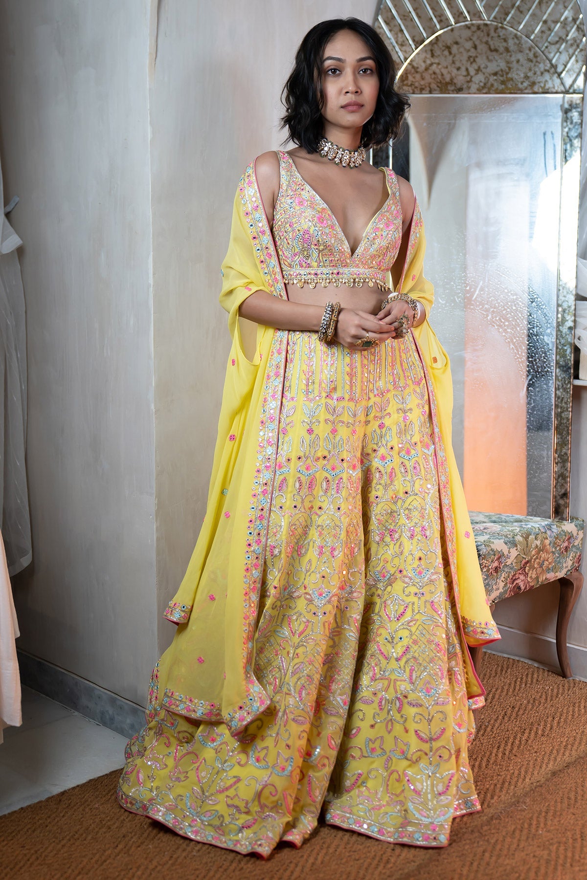 Bright Yellow Embroidered High Waist Sharara With Cape