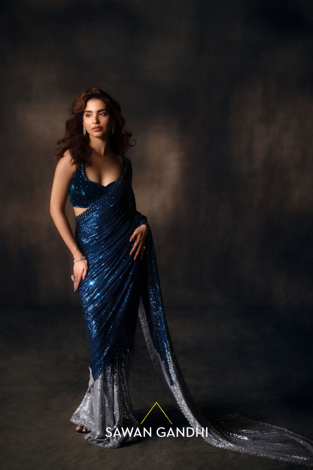 Electric blue to silver ombre saree