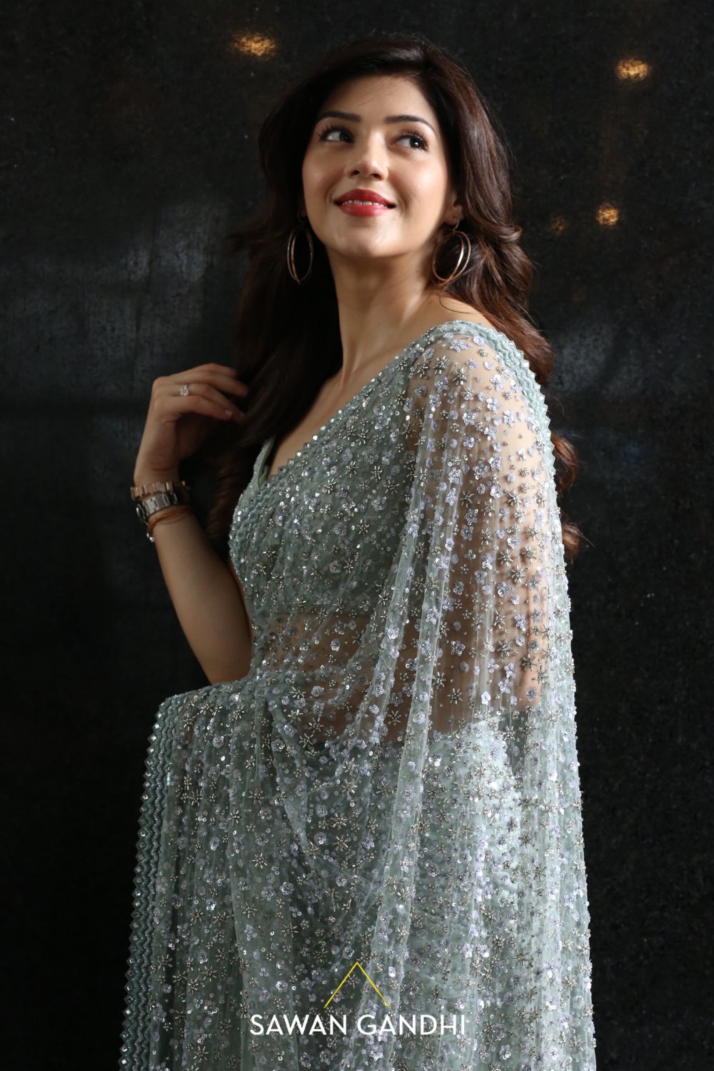 Mehreen pirzadaa in Sage green glass beed saree