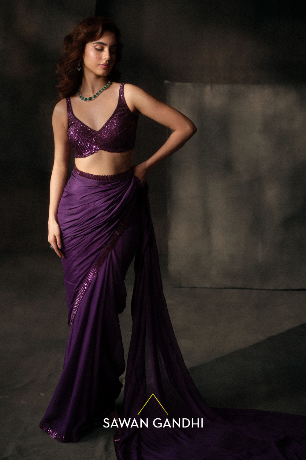 Purple sequins border saree