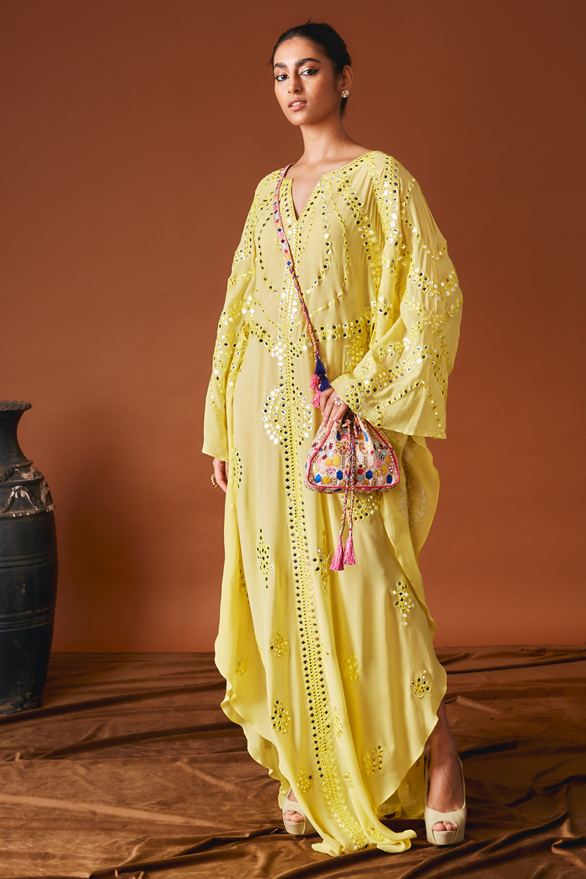 Yellow Foil And Resham Kaftan With A Belt