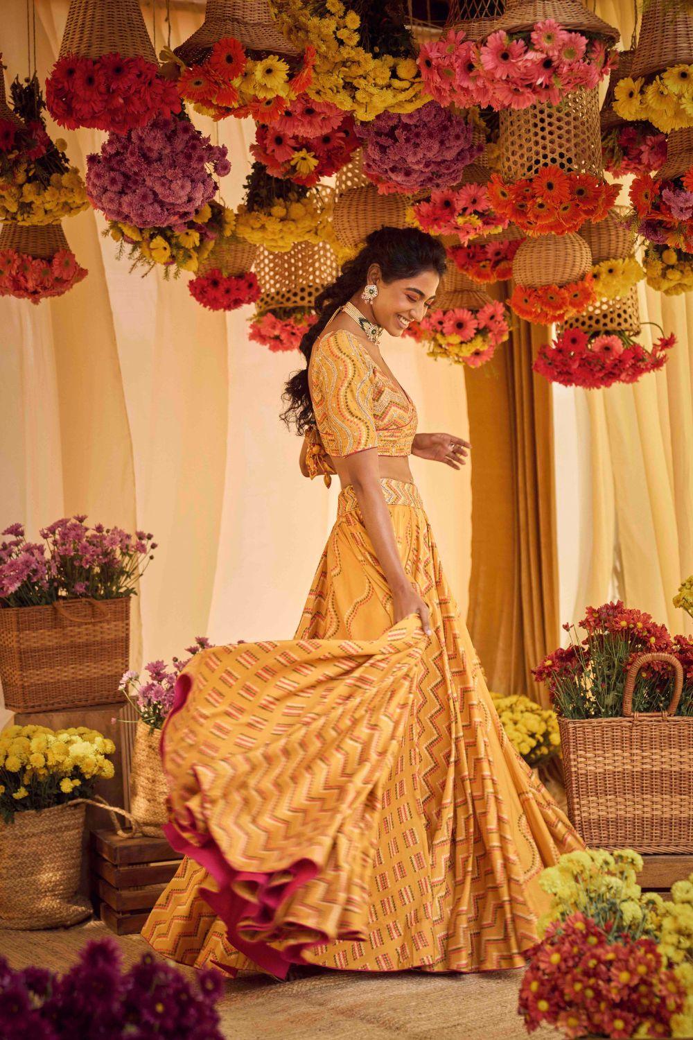 Mustard Printed Lehenga Set