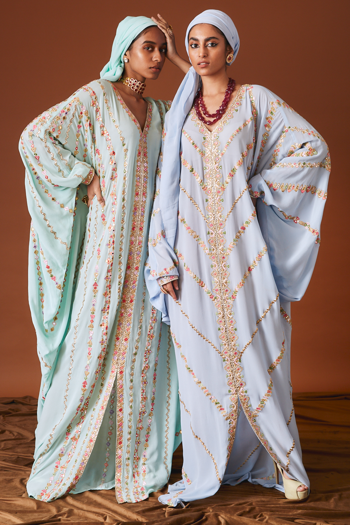 Phirozi Blue Georgette Cowl Kaftan With Resham And Dori