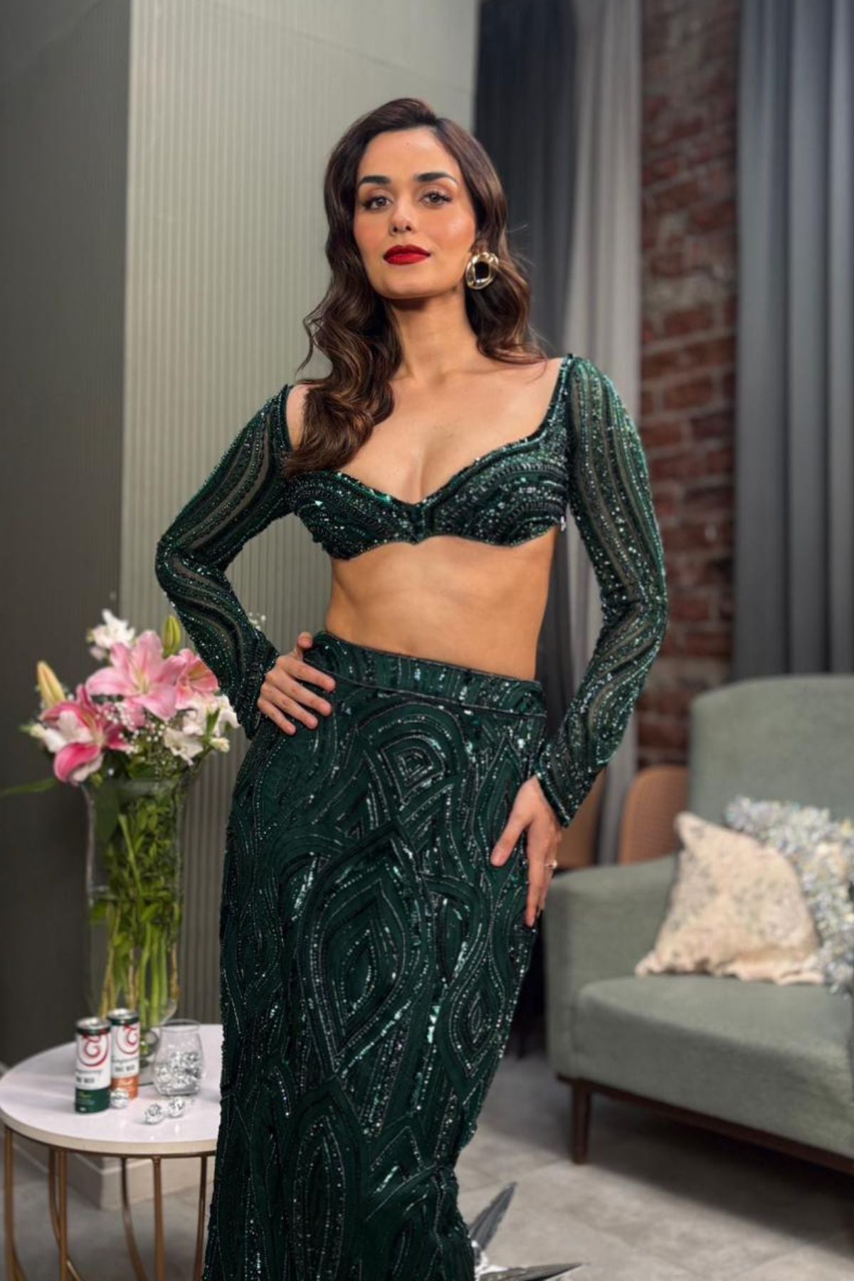 Manushi chillar in Emerald Green Embellished Slit Skirt Set