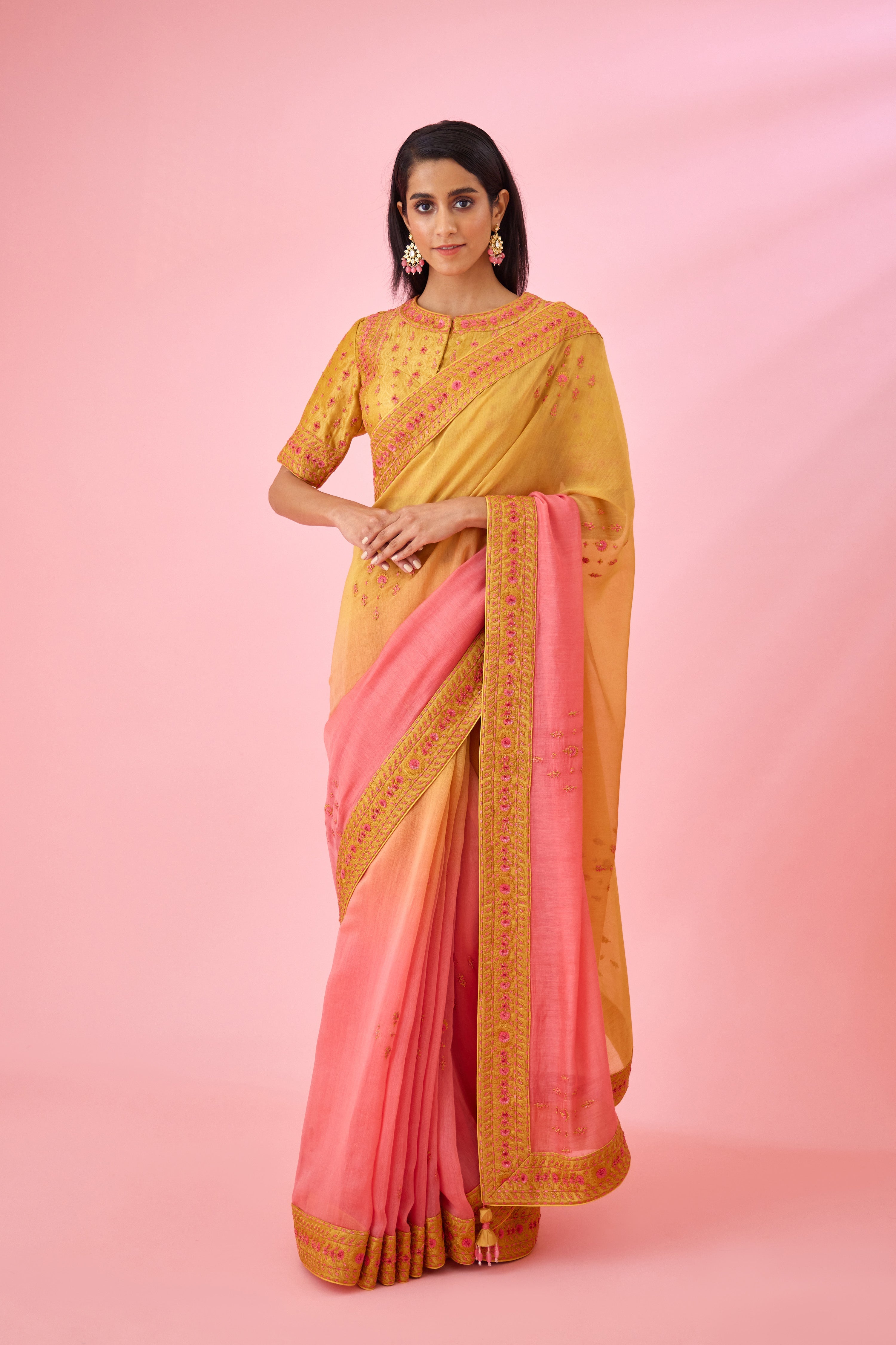 Yellow Pink Ombre Saree Set