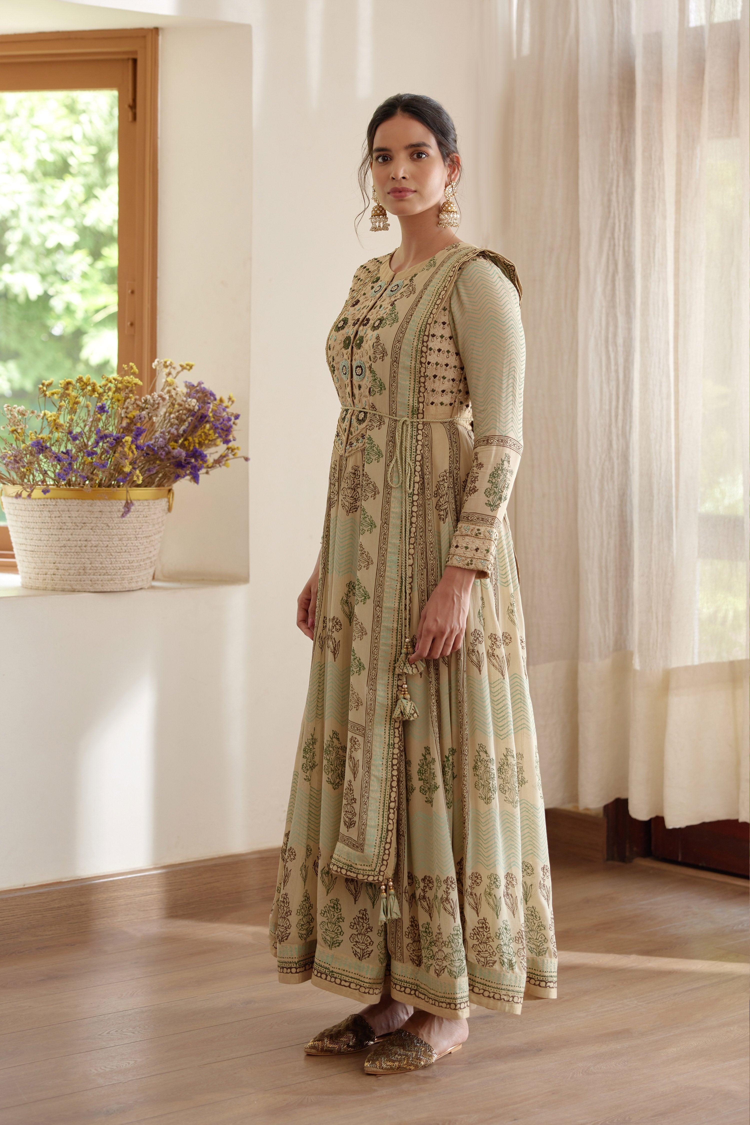Neutral Green Anarkali Set