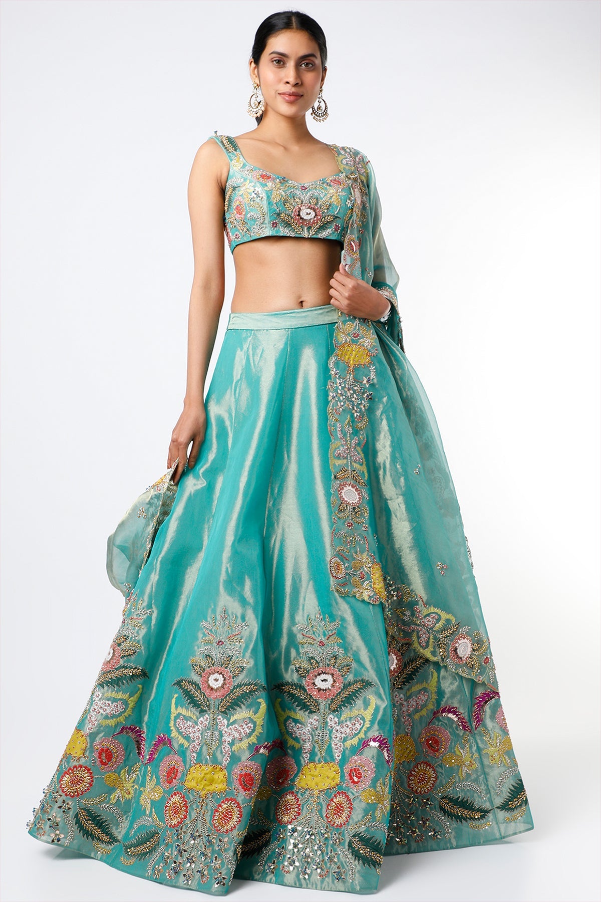 Yuvika - Turquoise Tissue Lehenga Set