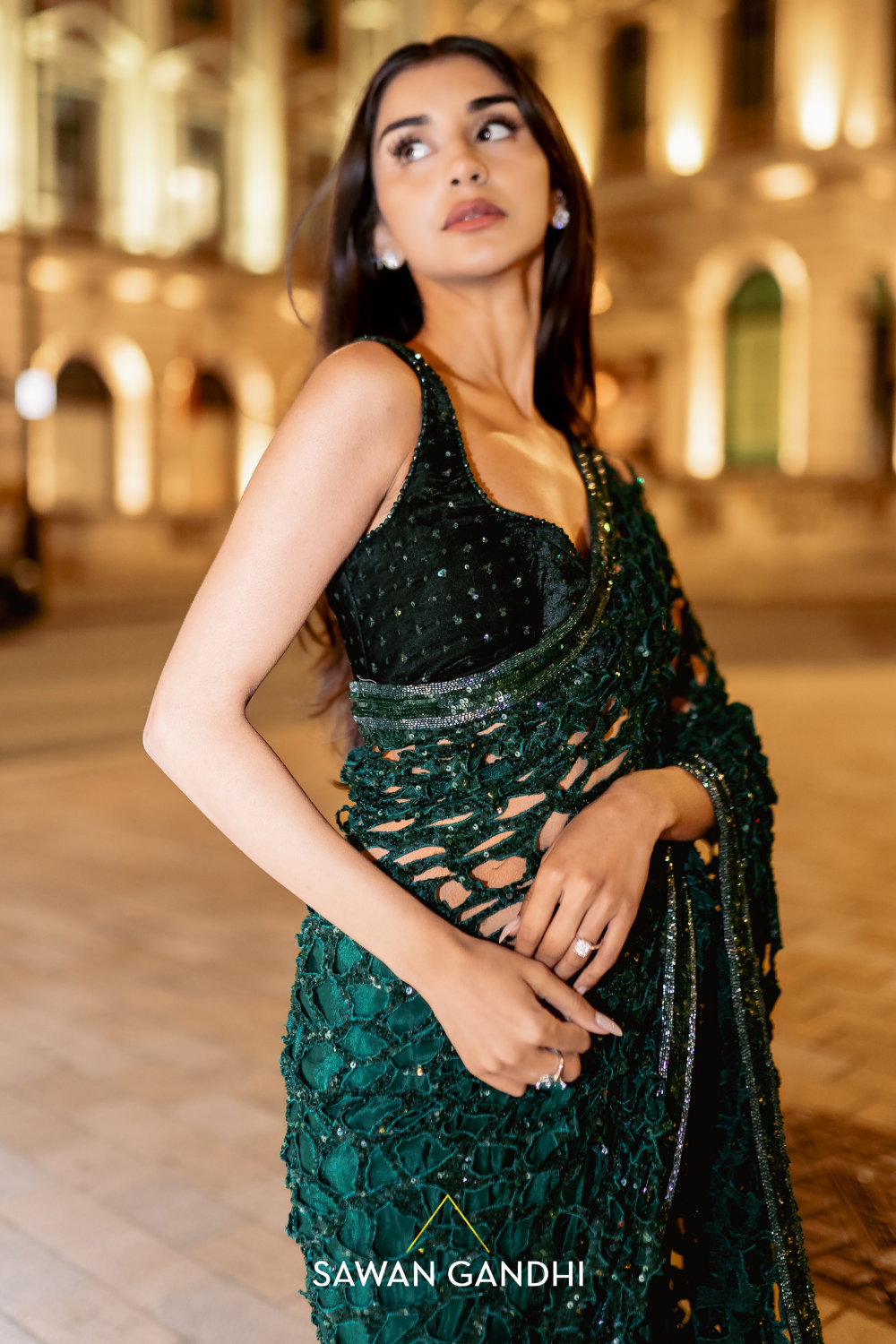 Bottle green cutwork saree