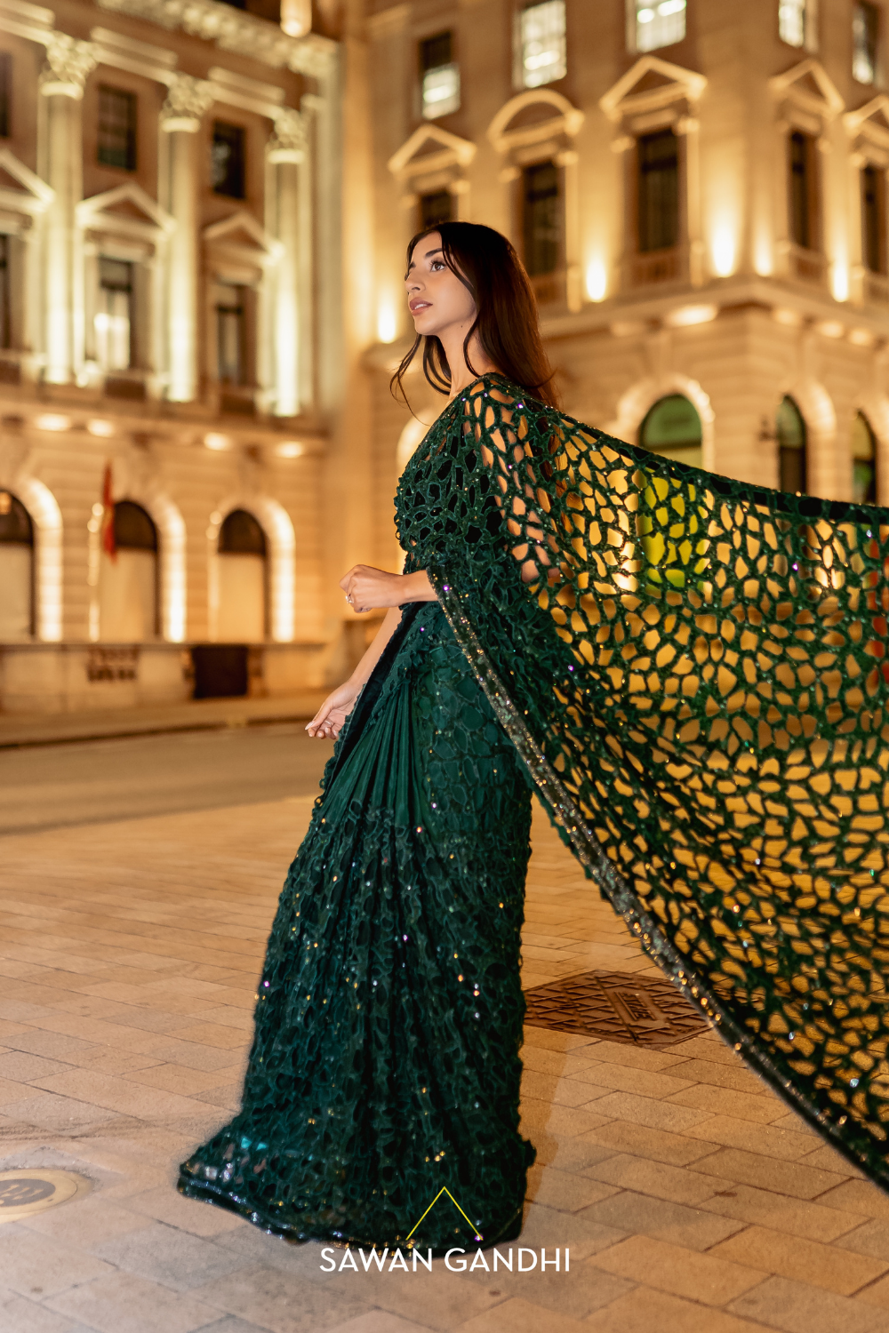 Bottle green cutwork saree