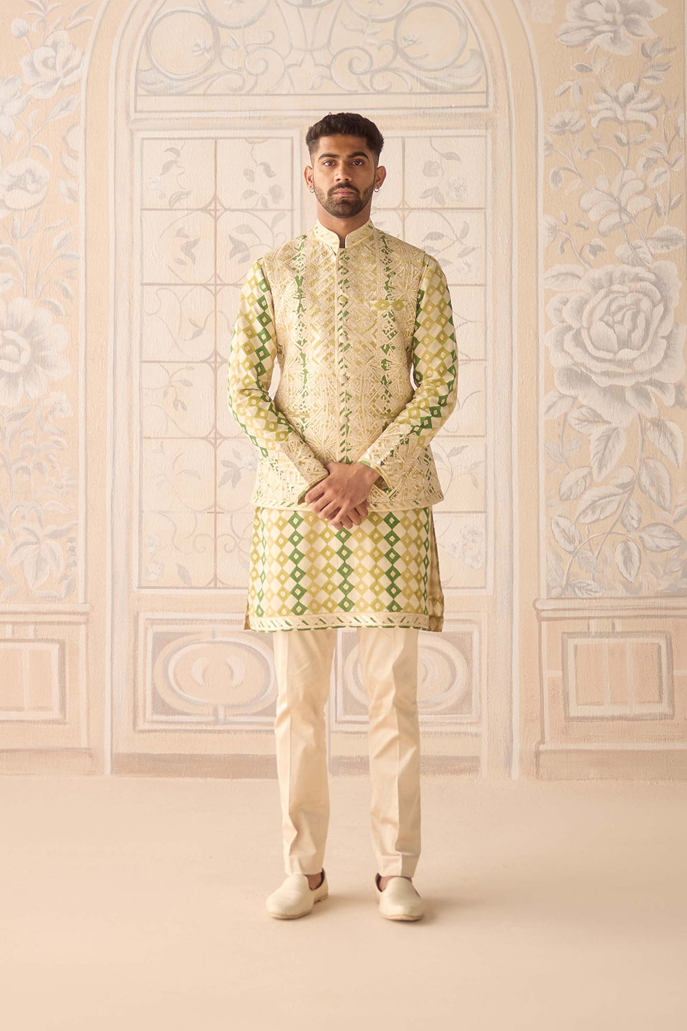 Ivory Jade Green Kurta & Waistcoat Set.