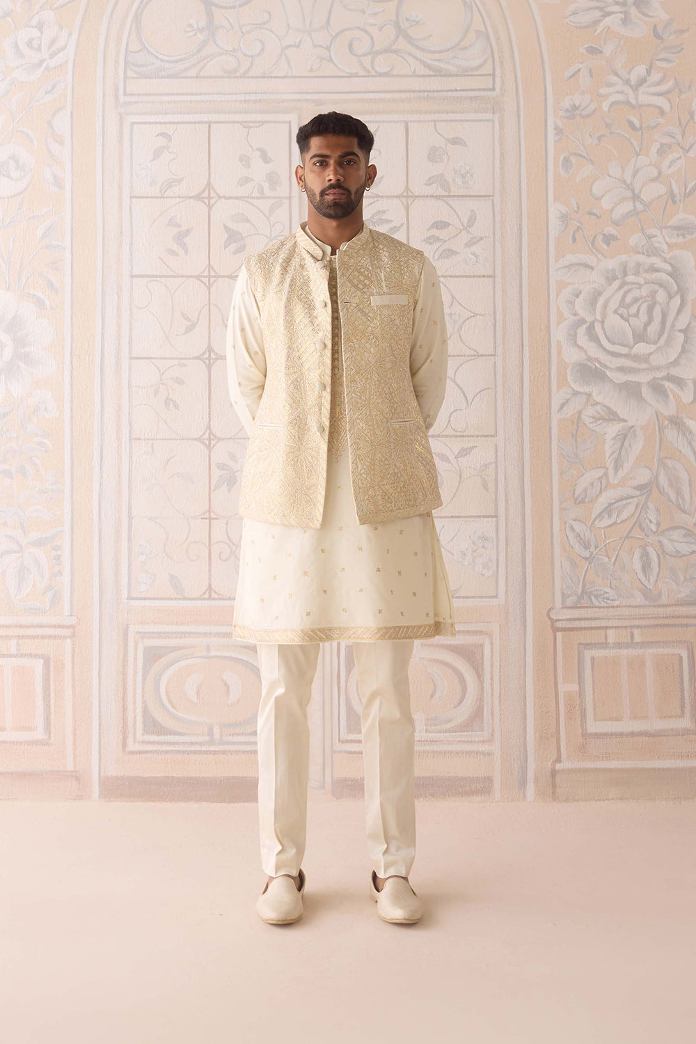 Egret Ivory Kurta & Waistcoat Set.